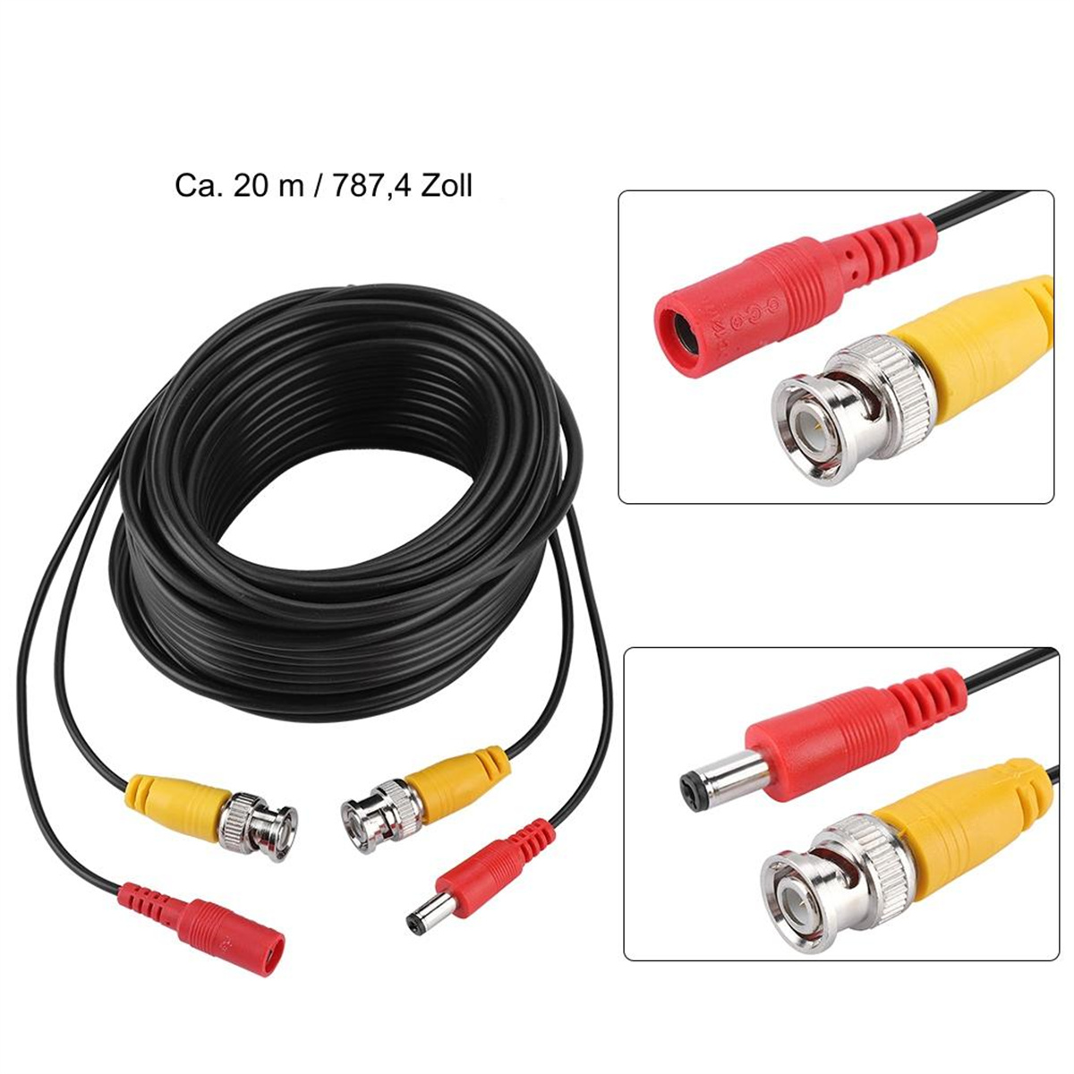 Schwarze Kabelrolle mit gelben und roten Steckern. Drei Nahaufnahmen zeigen Details der Stecker.