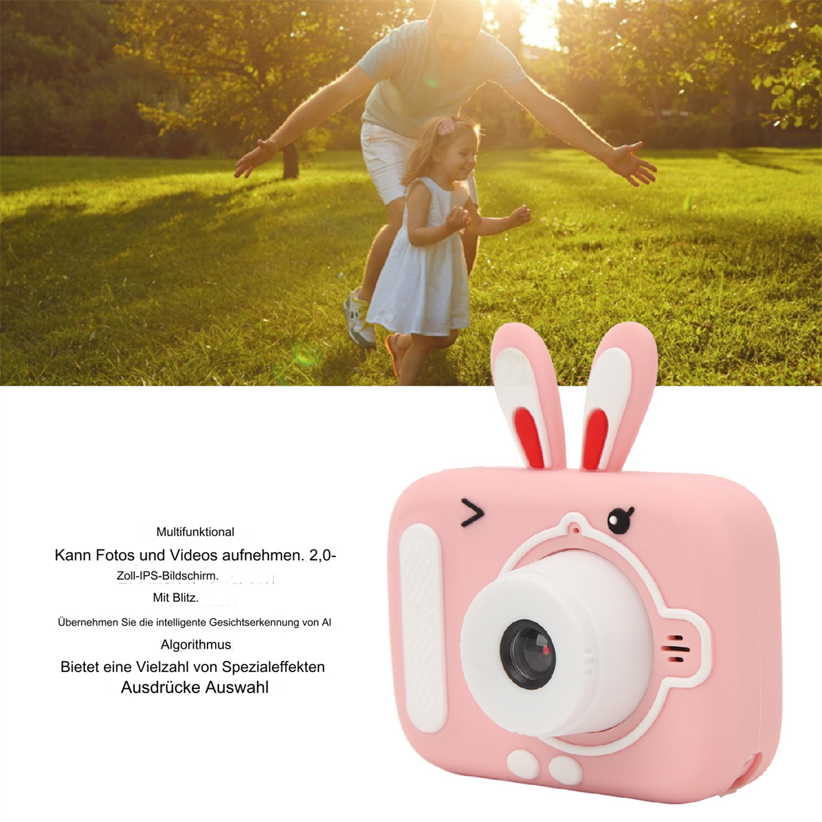 Ein Kind und ein Mann spielen in einem Park. Eine rosa kamera in Hasenform im Vordergrund.