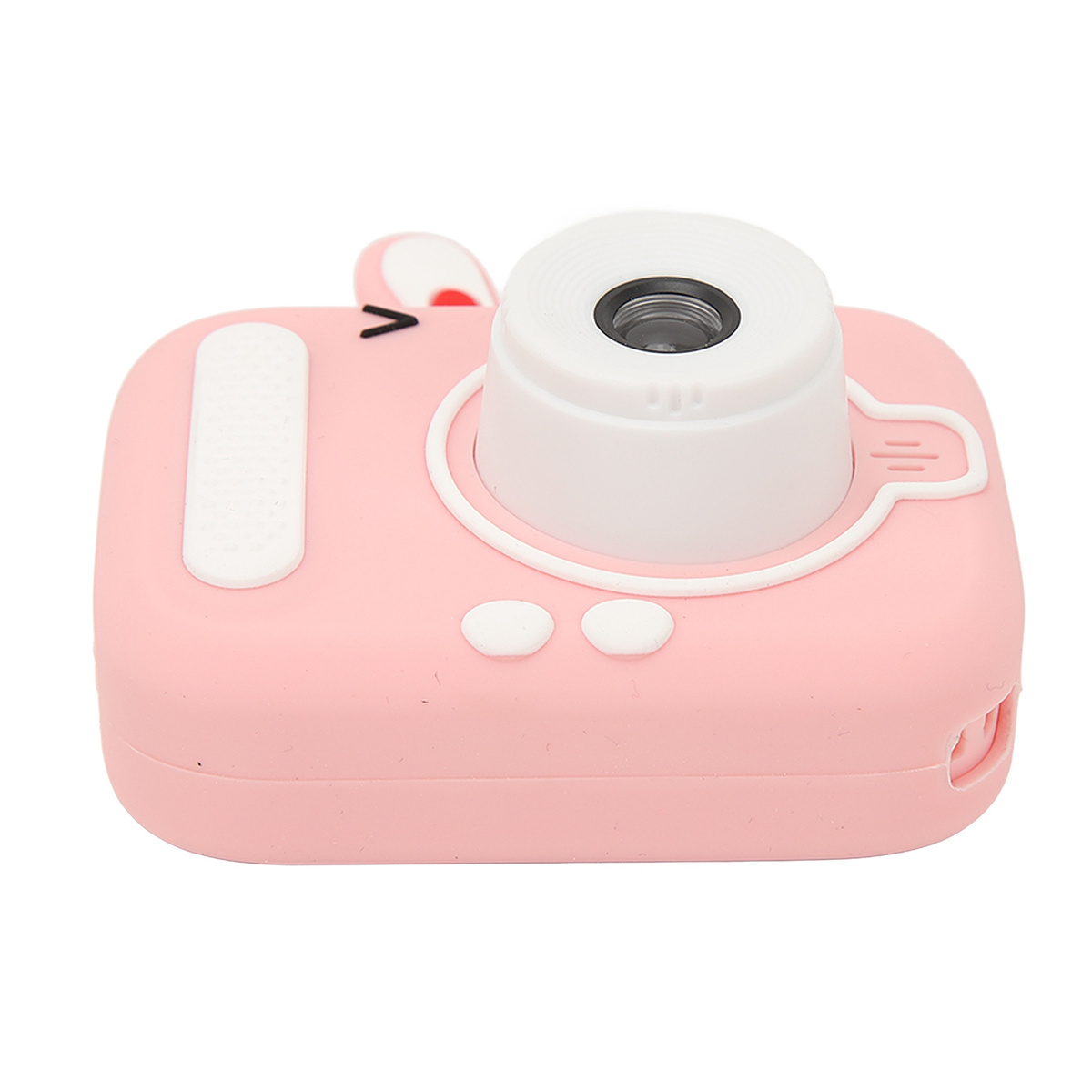 Eine rosa Spielzeugkamera mit weißem Objektiv und Cartoon-Design. Sie hat einen Knopf vorne. Weißer Hintergrund.