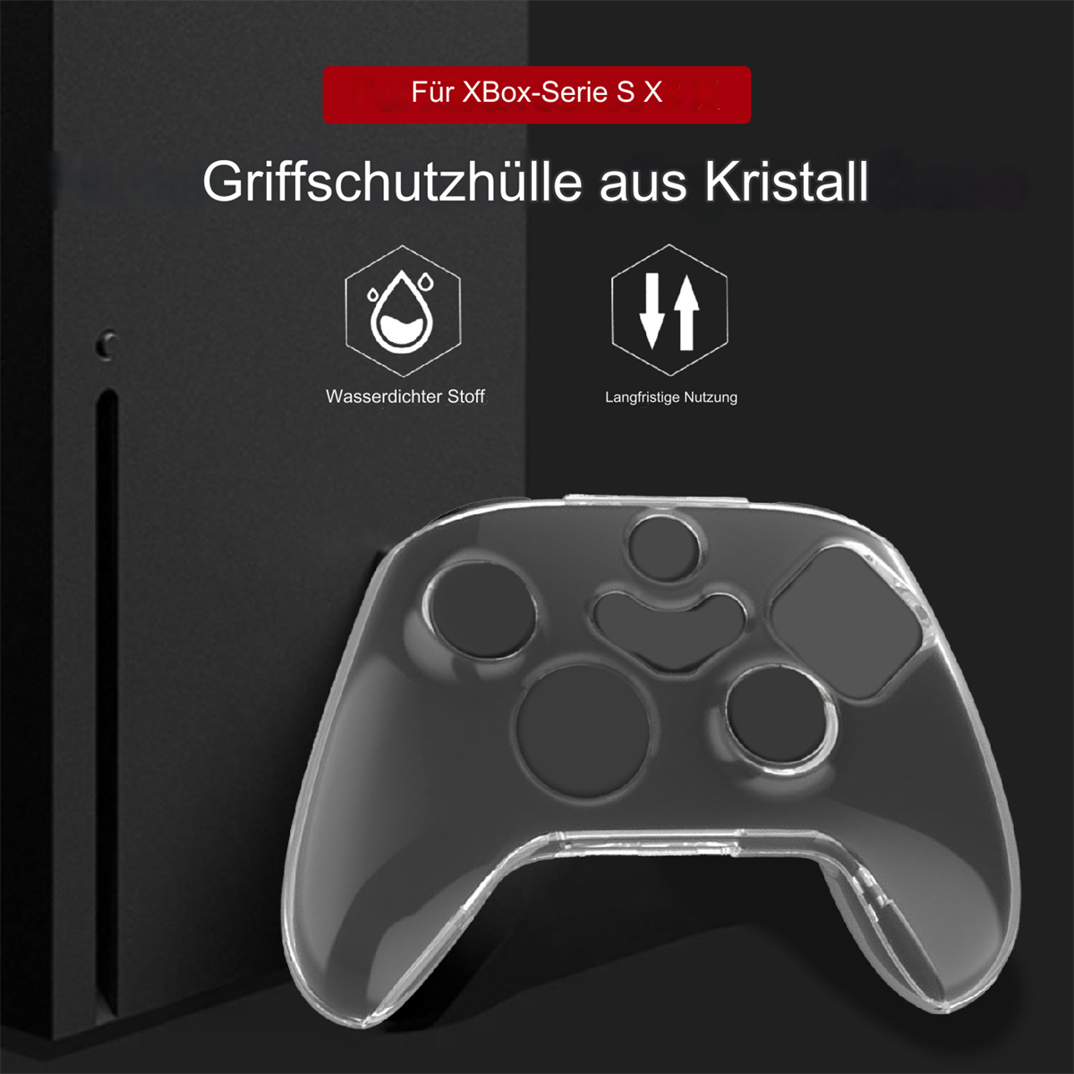Eine transparente Schutzhülle für einen Spielcontroller, mit Symbolen und Text, vor schwarzem Hintergrund.