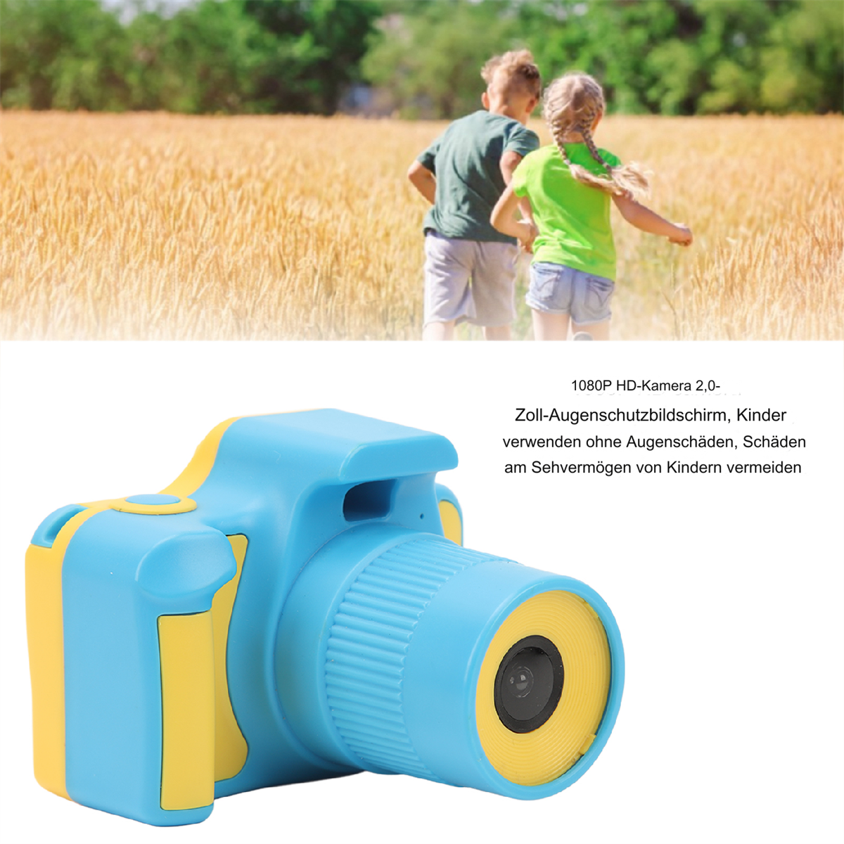 Eine blau-gelbe Kinderkamera mit zwei Kindern im Hintergrund.