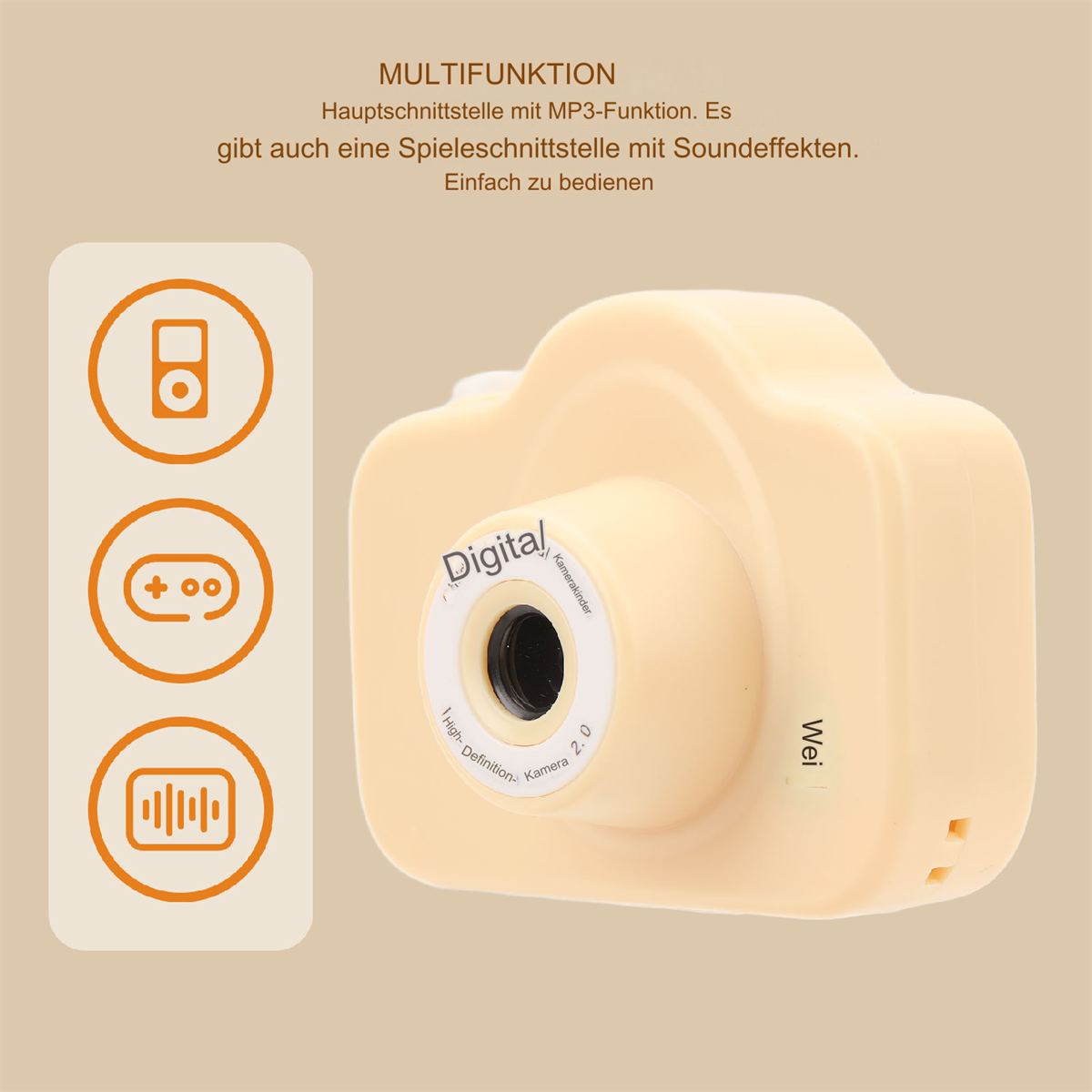 Eine beige Kamera mit Symbolen und Text links. Die Kamera hat ein Objektiv.