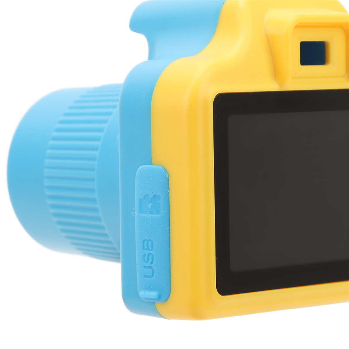 Nahaufnahme einer bunten gelb-blauen Spielzeugkamera mit Objektiv und USB-Anschluss.