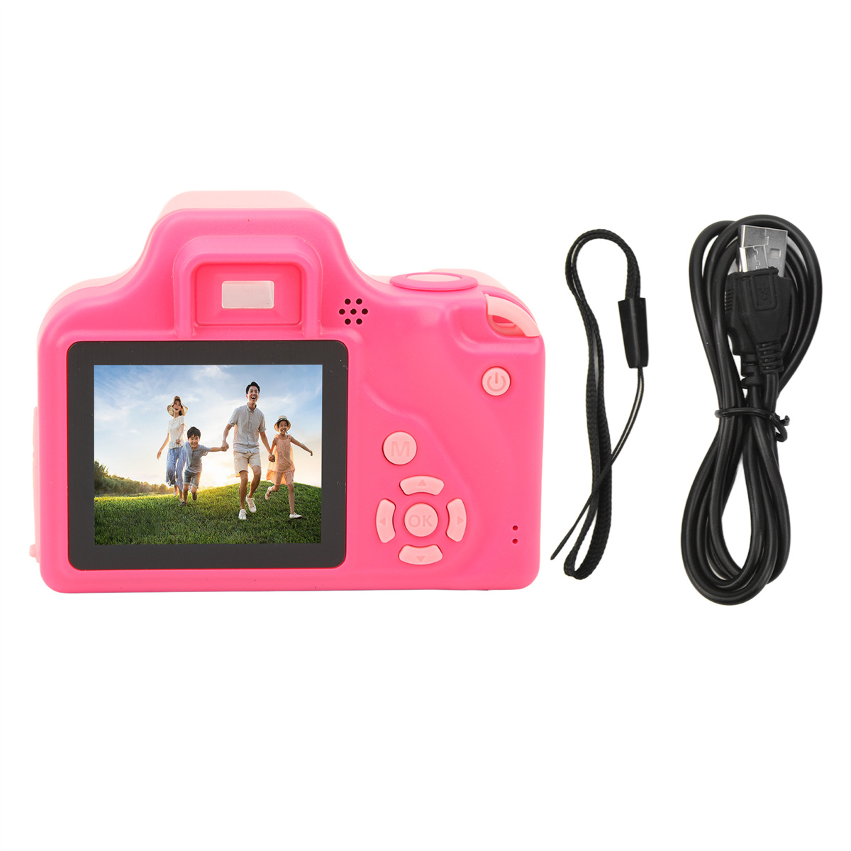 Rosa Digitalkamera mit Familienfoto auf dem Bildschirm, schwarzem Kabel und USB-Kabel.