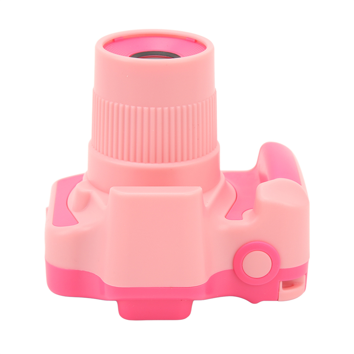 Eine rosa Spielzeugkamera wird auf weißem Hintergrund gezeigt. Sie hat ein Objektiv, einen Griff und einen Knopf.