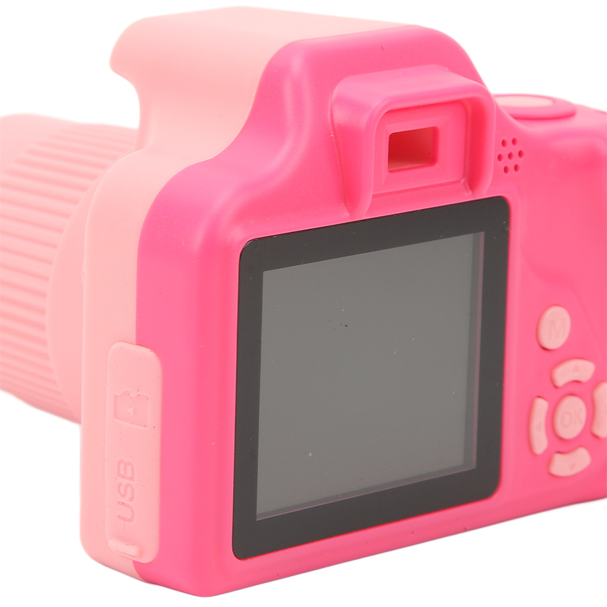 Rosa Digitalkamera. Der Bildschirm ist dunkel. USB-Anschluss sichtbar.