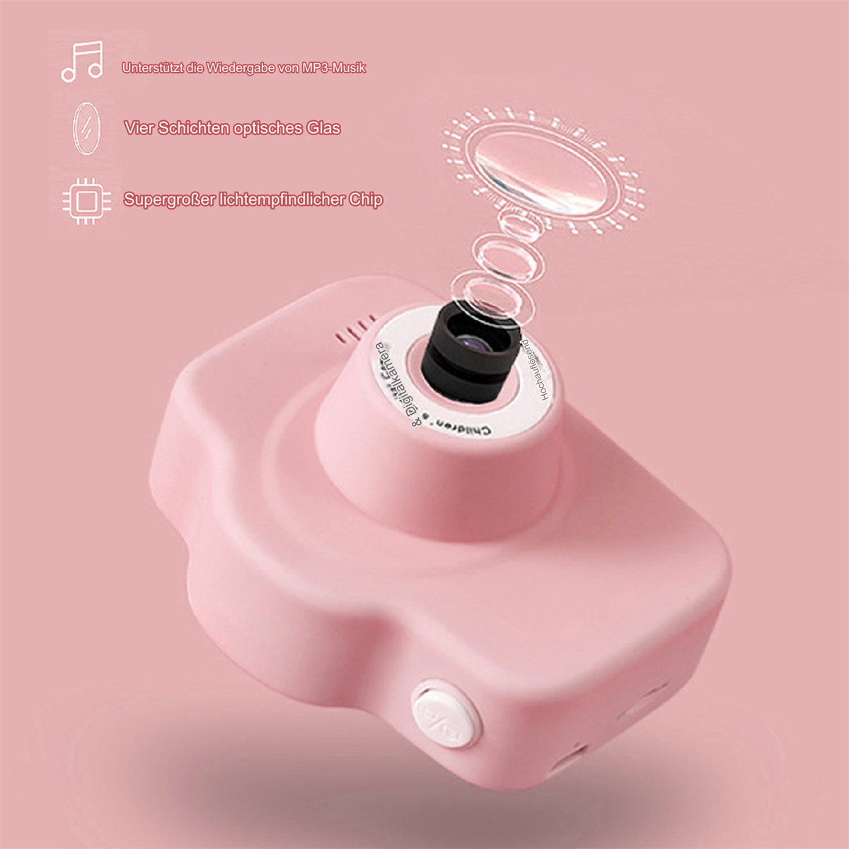 Rosa Digitalkamera mit Explosionsansicht. Zeigt Linse und interne Komponenten.