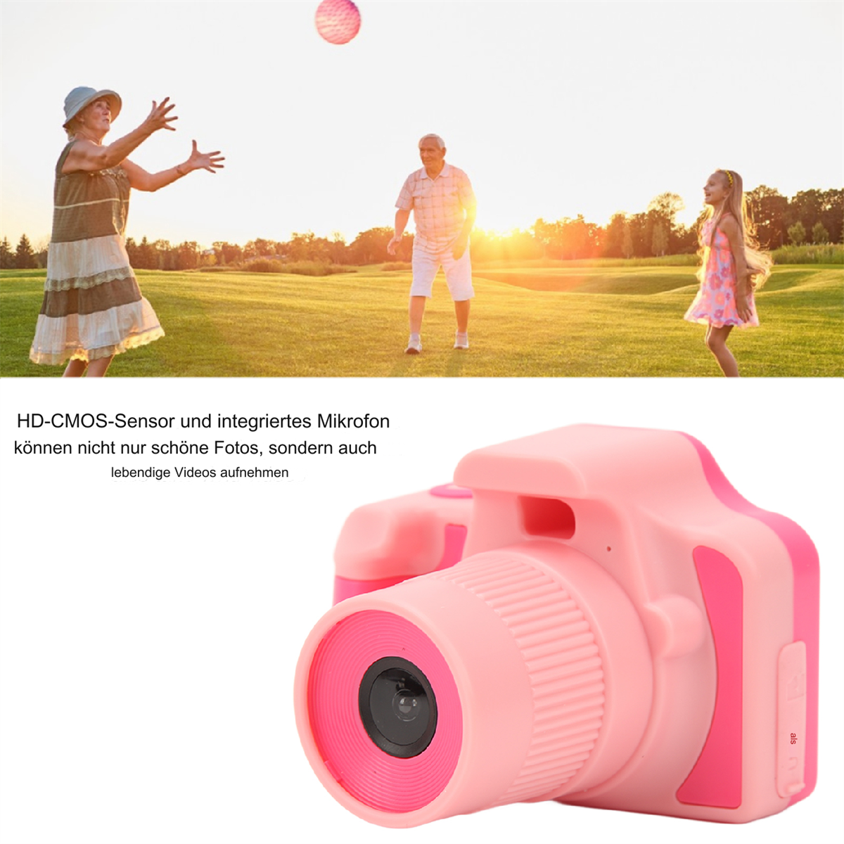 Eine pinke Kamera mit einer Familie, die fängt. Die Sonne geht im Hintergrund unter.