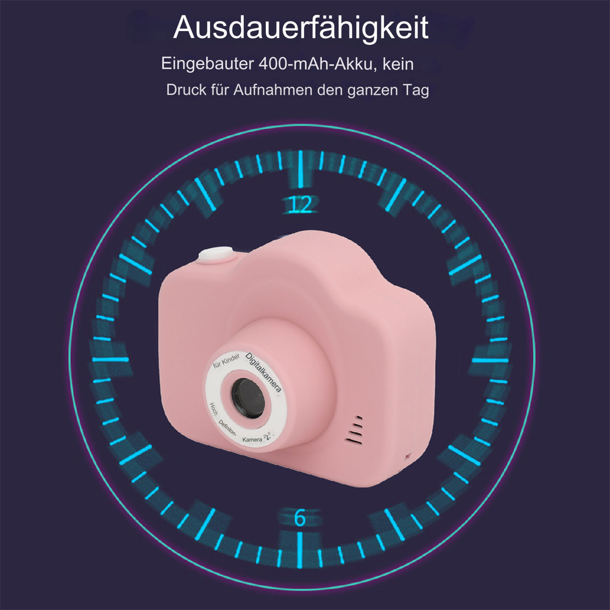 Rosa Spielzeugkamera mit Uhr-Overlay. Text: „Digitalkamera“ und „Für Kinder“.