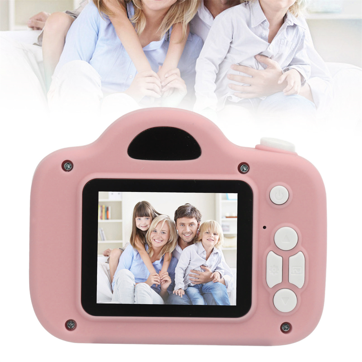 Rosa Kinderkamera mit Familienfoto auf dem Bildschirm. Familie lächelt im Display.