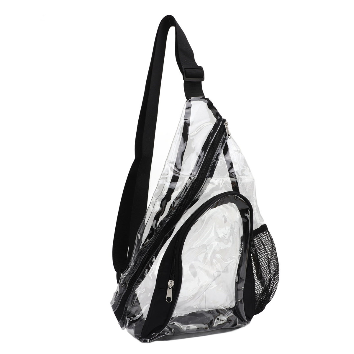 Transparente Umhängetasche mit schwarzem Besatz, Reißverschlüssen und einer seitlichen Netztasche. Schräge Ansicht.