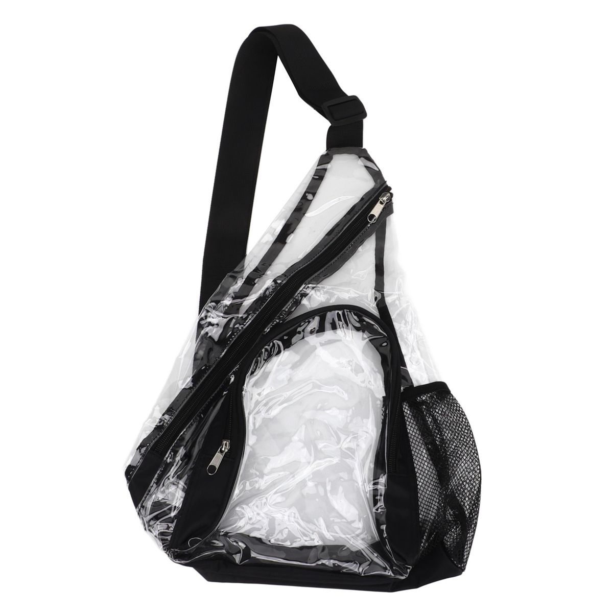 Transparente Sling-Tasche mit schwarzem Besatz. Verfügt über einen schwarzen Riemen und eine Netztasche.