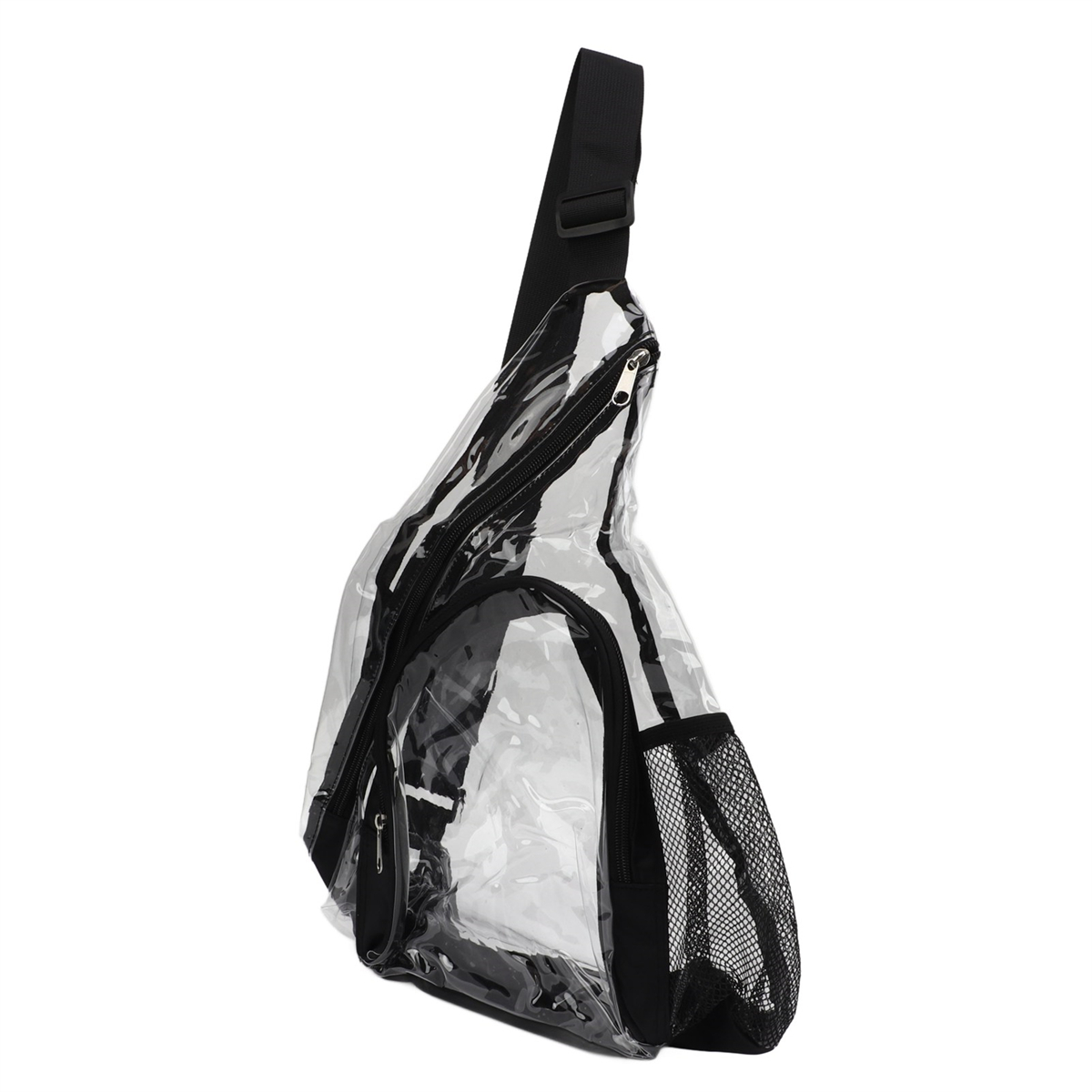Transparente Umhängetasche mit schwarzem Riemen, Reißverschluss und Netztasche. Nach links geneigt.