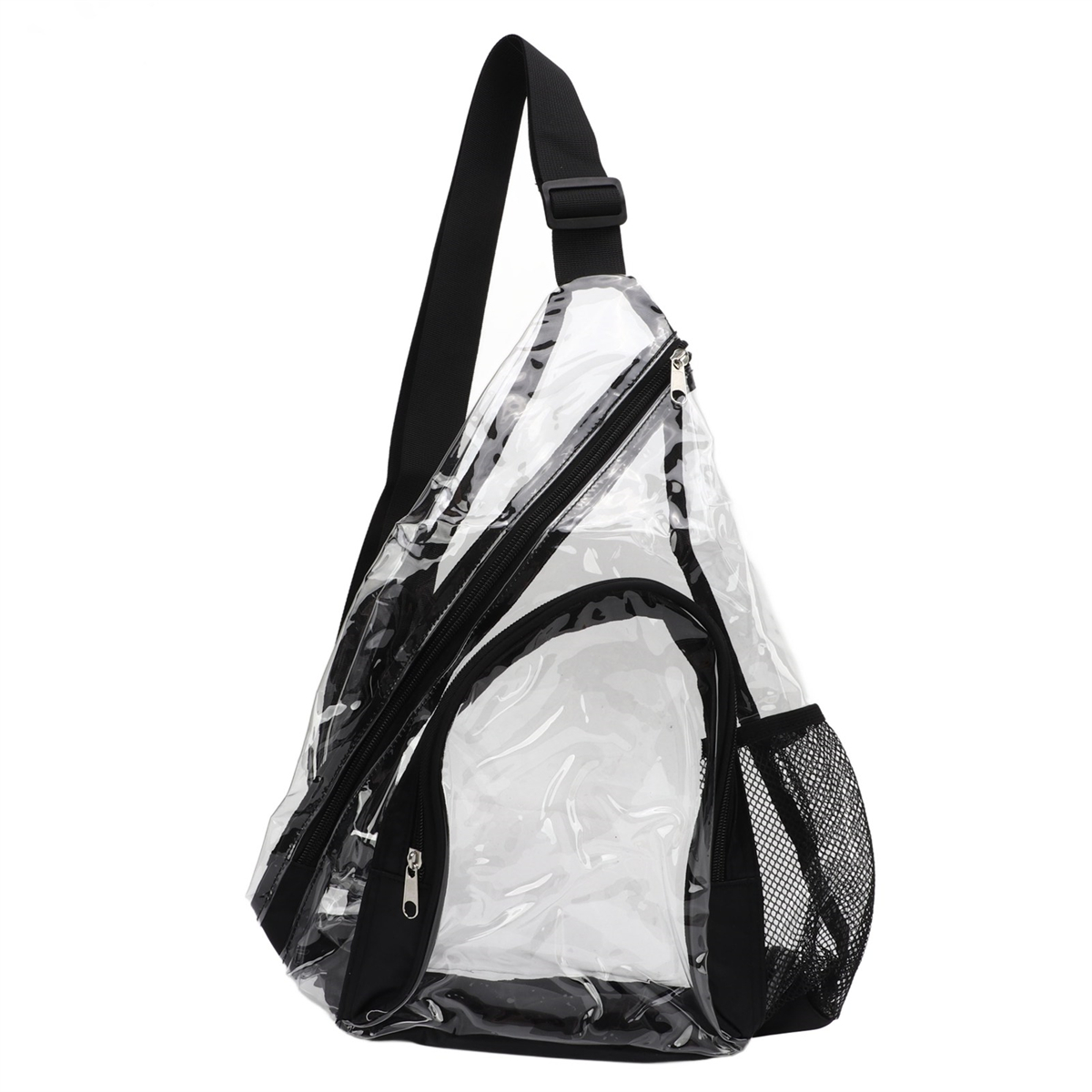 Eine klare, transparente Sling-Tasche mit schwarzen Akzenten und einem schwarzen Riemen. Weißer Hintergrund.