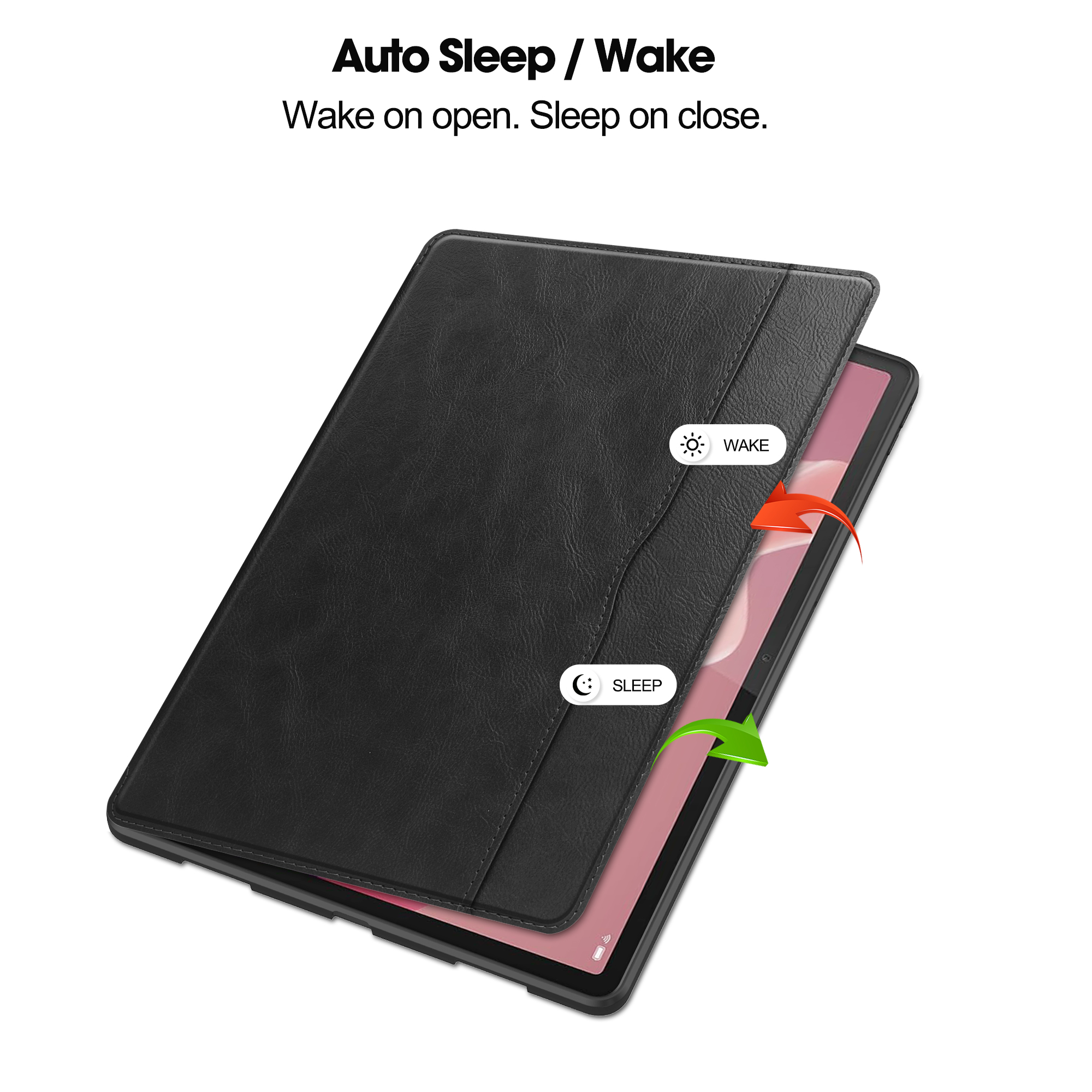 Schwarze Tablet-Hülle mit Auto-Sleep/Wake-Funktion. Text und grüne/rote Pfeile sind sichtbar.