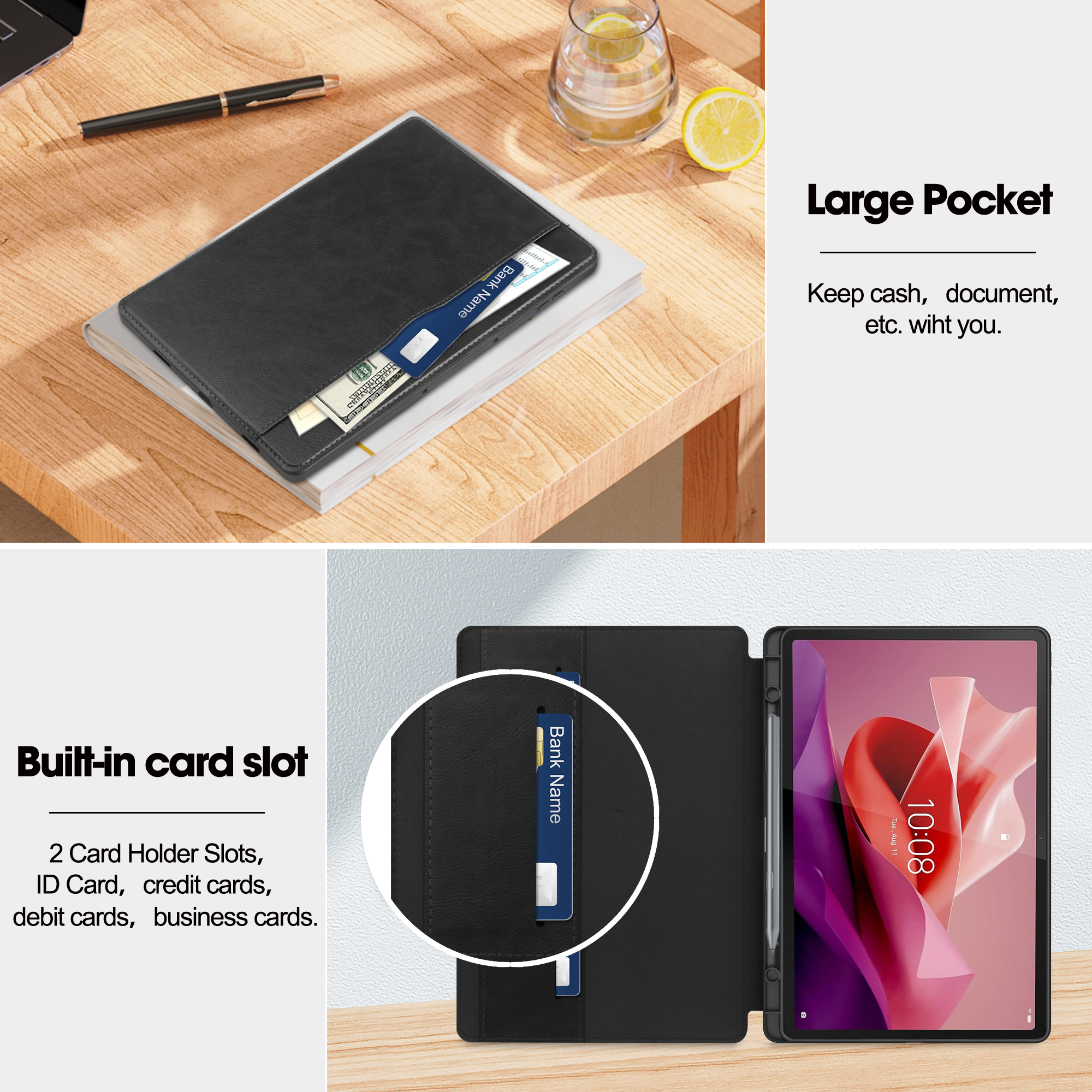 Eine schwarze Tablethülle mit eingebautem Kartenhalter und einem Tablet, das den Bildschirm zeigt.