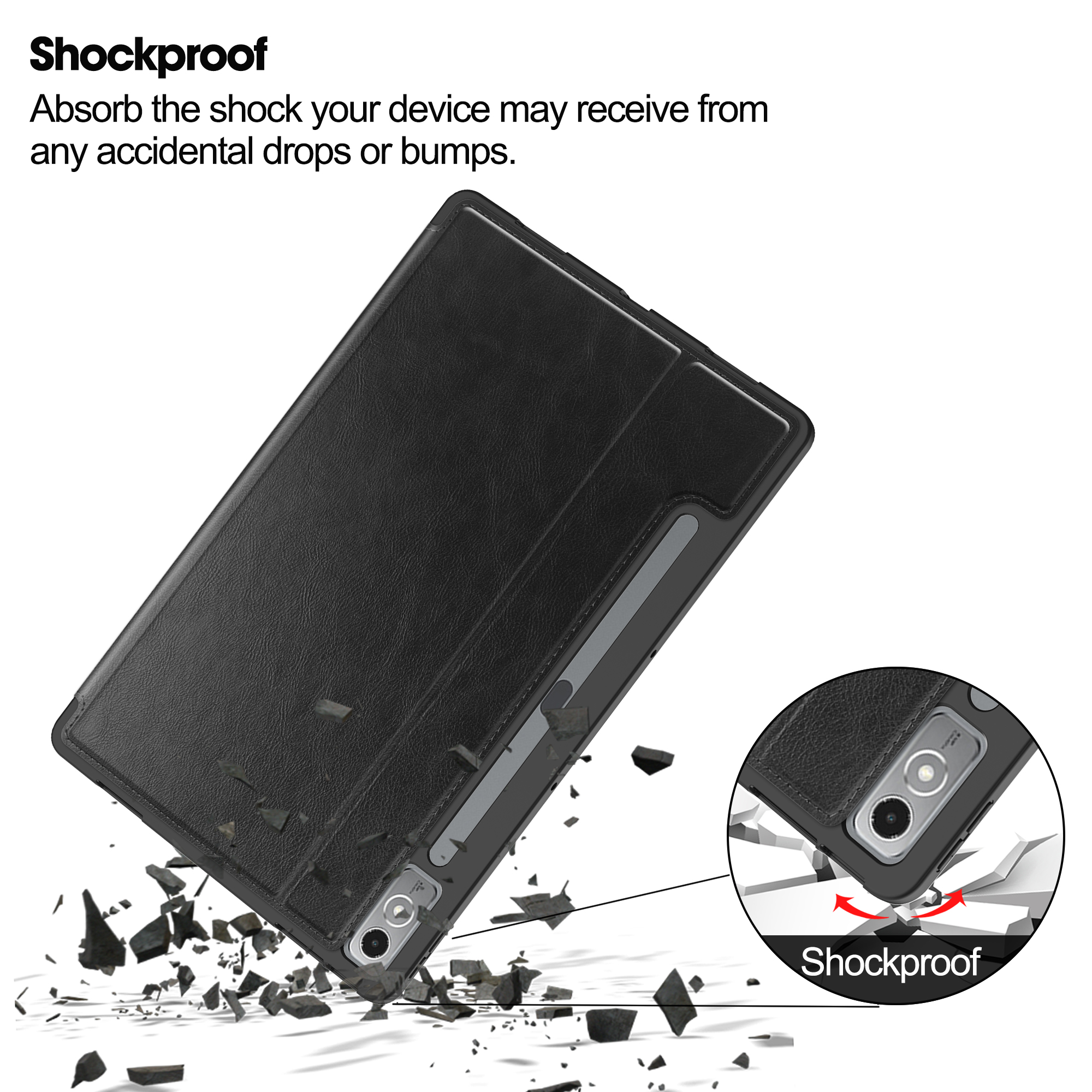 Ein schwarzes Tablet in einer schwarzen Hülle. Eine Nahaufnahme zeigt die Ecke mit Rissen und Text: Stoßfest.