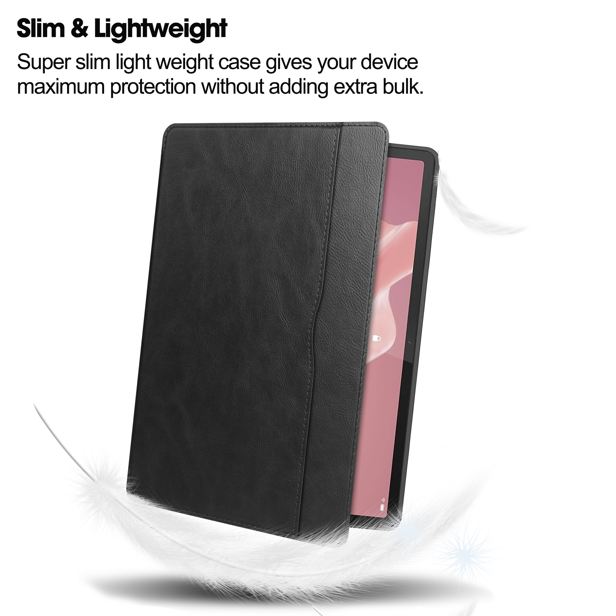 Schwarze Tablethülle mit schwarzem Cover. Zeigt ein pinkes Tablet im Inneren.