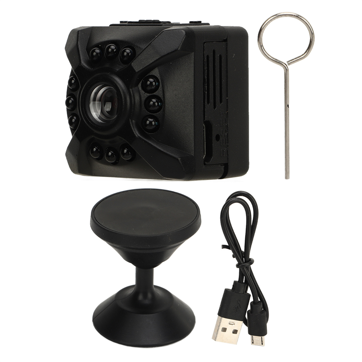 Schwarzes Überwachungskamera-Set. Enthält Kamera, USB-Kabel und Halterung.