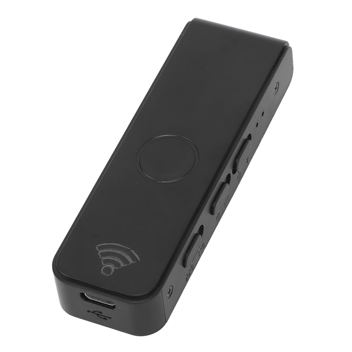 Schwarzes rechteckiges Gerät mit Knöpfen und einem Ladeanschluss. Ein WLAN-Symbol ist aufgedruckt.