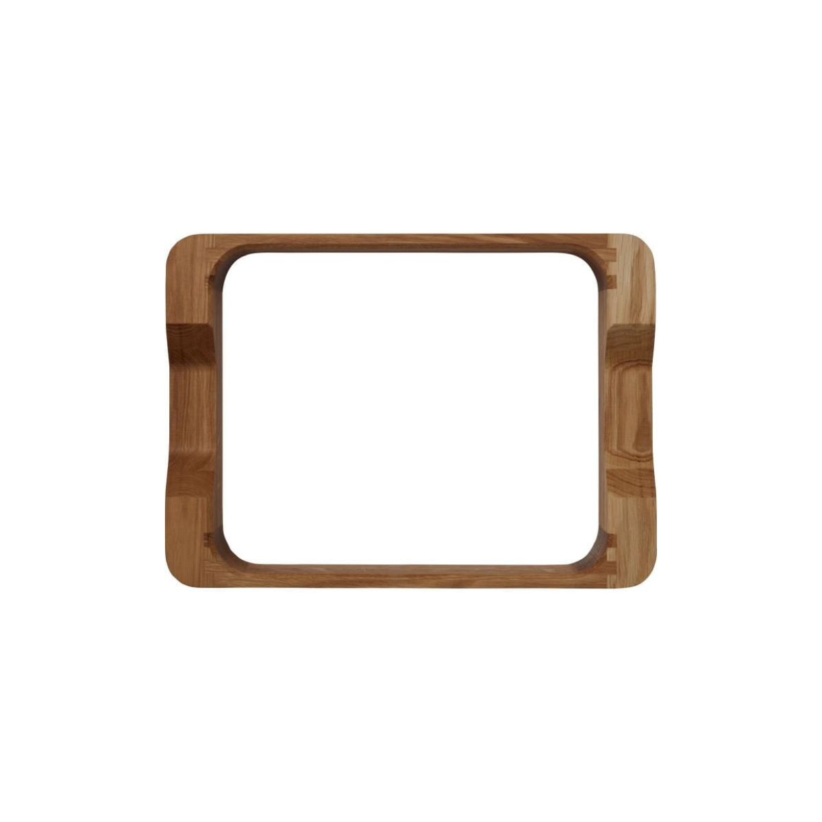 Drewniana kwadratowa rama. Zaokrąglone rogi, jasnobrązowa. Pusta w środku.
