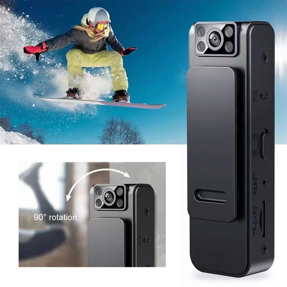 Schwarze Action-Kamera mit Snowboarder im Hintergrund und Nahaufnahme der Kamera.