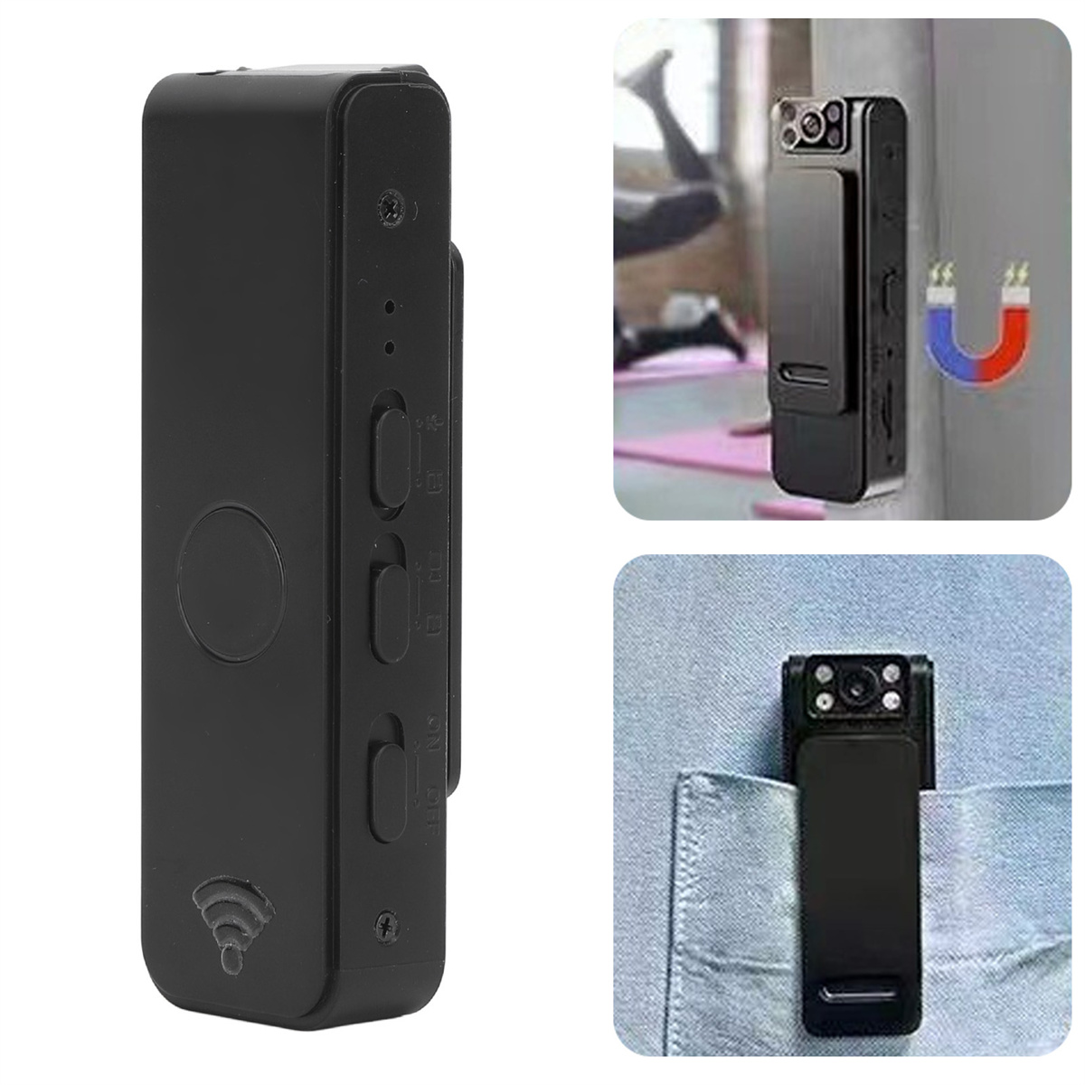 Kleine schwarze Spionagekamera mit Seitentasten und Magnet zum Befestigen.
