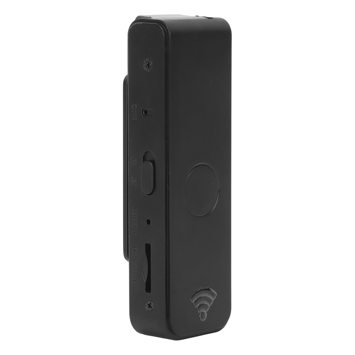 Eine kleine schwarze Kamera mit Knöpfen und Anschlüssen. Ein WLAN-Symbol befindet sich an der Seite.