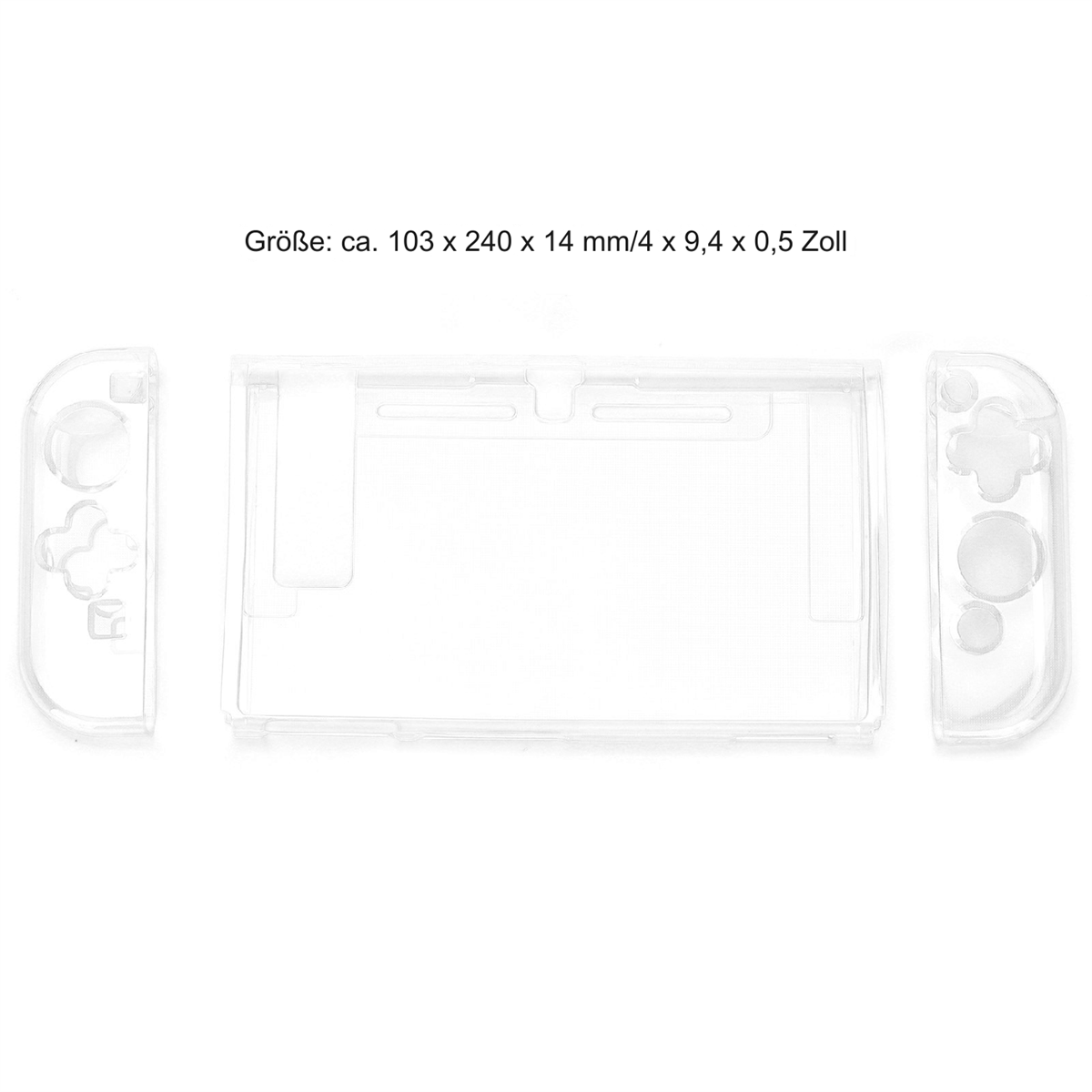 Transparente Kunststoffteile für Nintendo Switch-Controller und Mittelrahmen auf weißem Hintergrund.