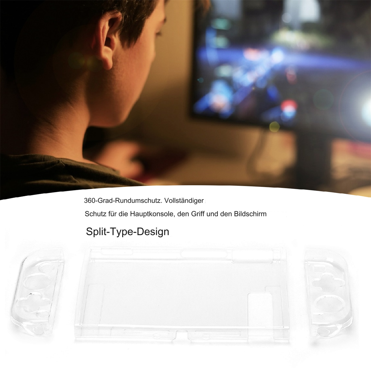 Eine Person benutzt einen Computer. Eine transparente Kunststoffhülle für eine Spielkonsole.