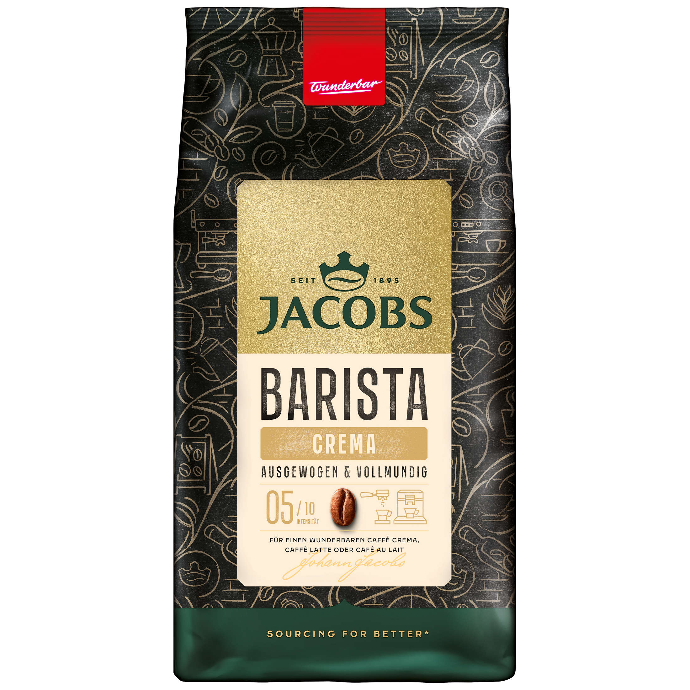 Kaffeepackung mit goldenem Etikett. Es steht JACOBS BARISTA CREMA drauf. Die Packung ist dunkel, mit Kaffeebohnen-Kunst.