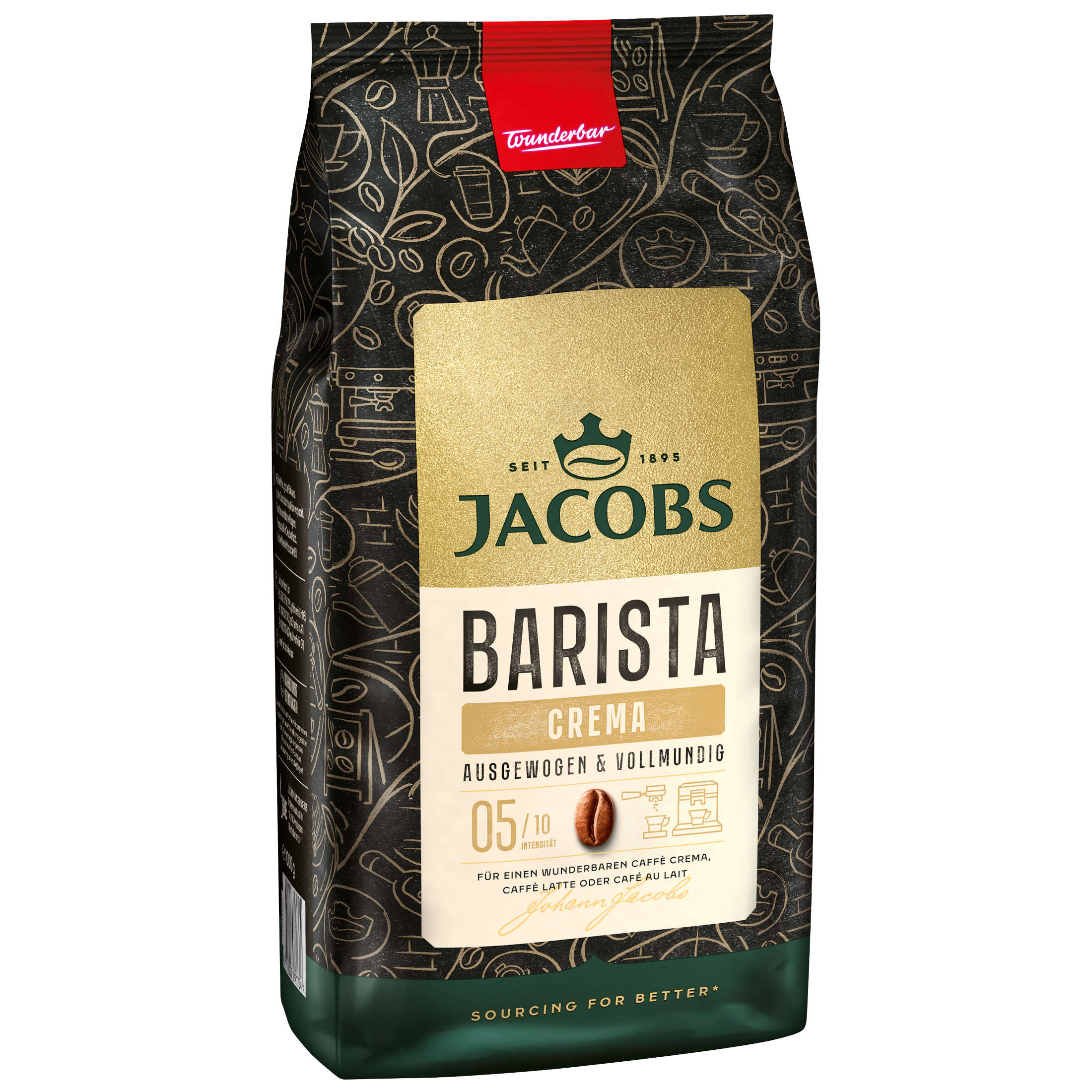 Jacobs Barista Crema Kaffeetüte. Braun und grün, mit Kaffeebohnen-Grafik.