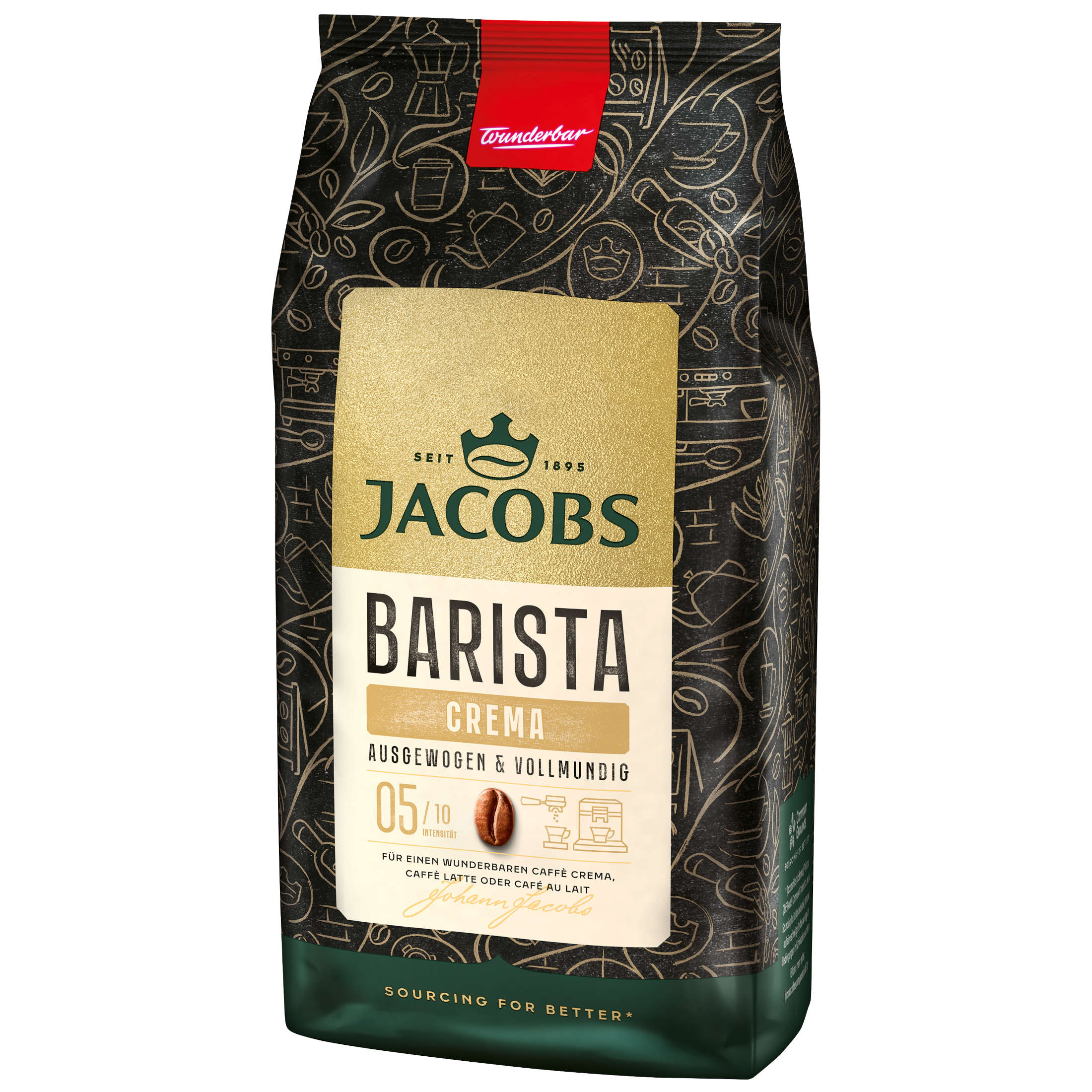 Ein Beutel Jacobs Barista Crema Kaffeebohnen mit Text und Branding auf der Verpackung.
