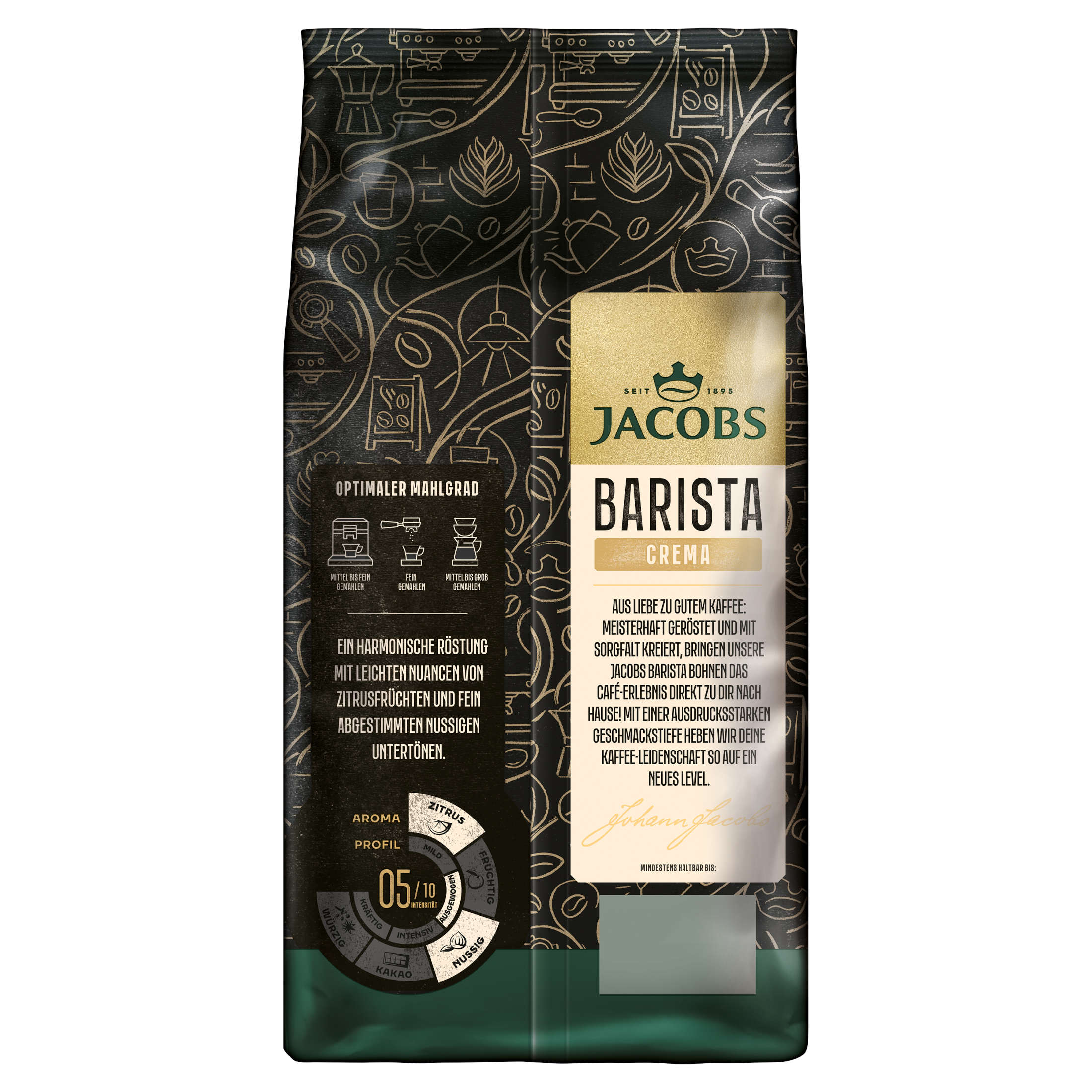 Kaffeepackung mit einem Jacobs Barista Crema-Etikett in Grün und Gold.