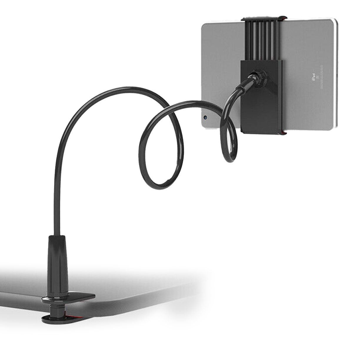 Schwarzer Tablet-Ständer mit flexiblem Arm. Das Tablet ist auf einer weißen Oberfläche befestigt.