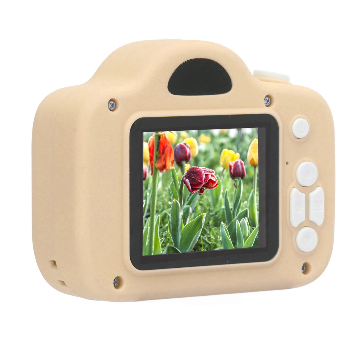 Beige Spielzeugkamera mit einem Bildschirm, der bunte Blumen zeigt. Oben befindet sich ein Knopf. Weißer Hintergrund.