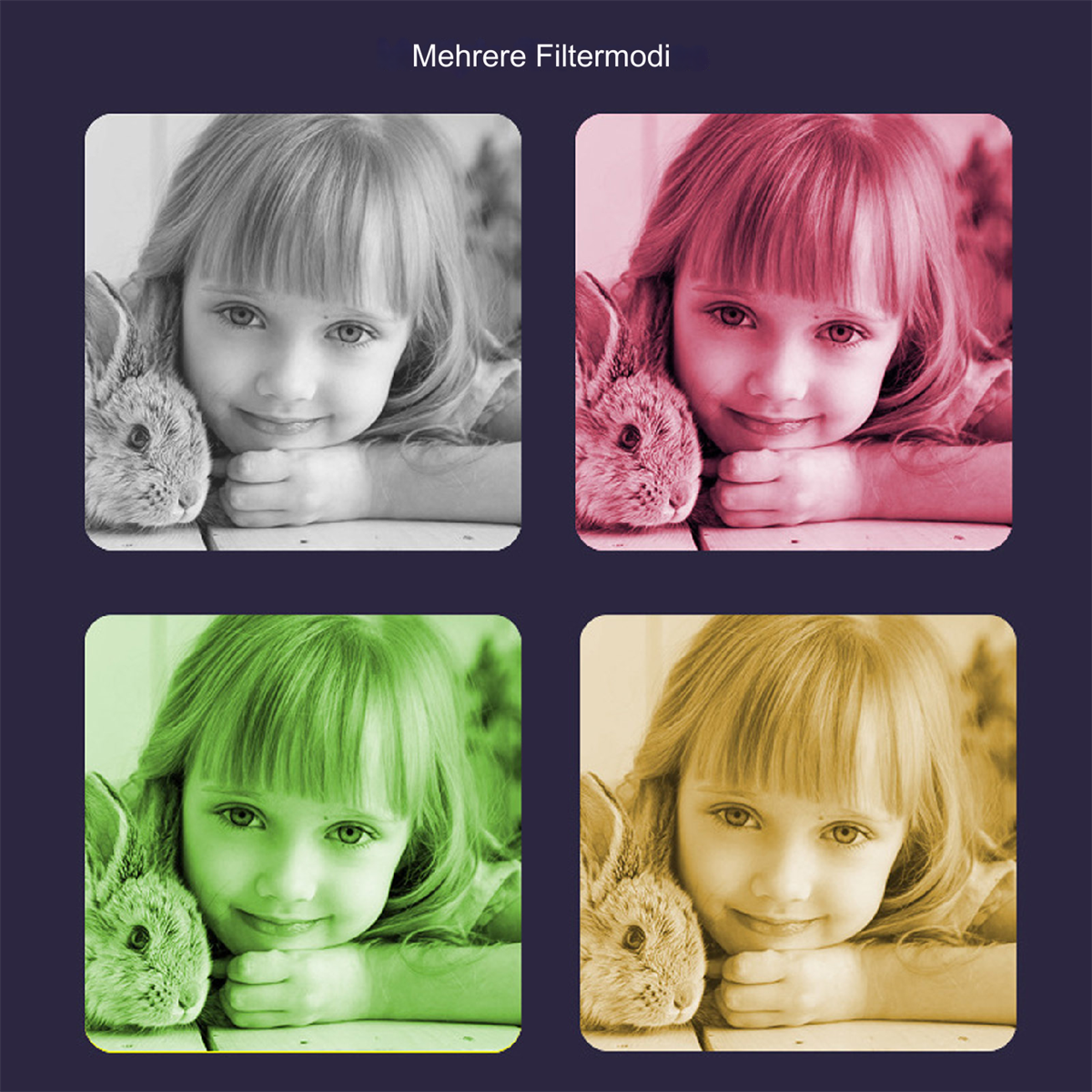 Vier Bilder zeigen ein Mädchen mit einem Hasen, jeweils mit einem anderen Filter.