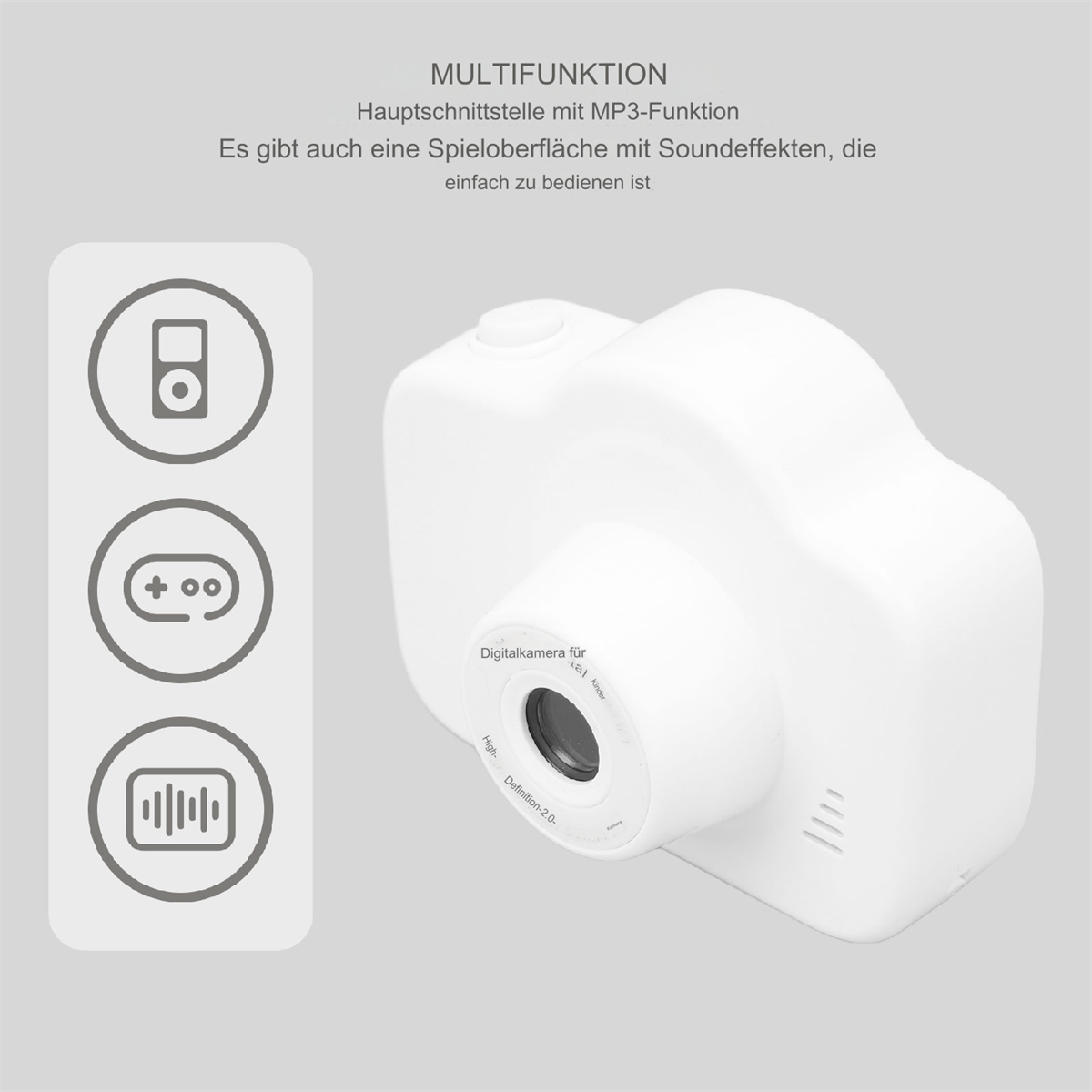 Weiße Digitalkamera mit Symbolen und Text. Die Kamera hat ein Objektiv und einen Bildschirm.