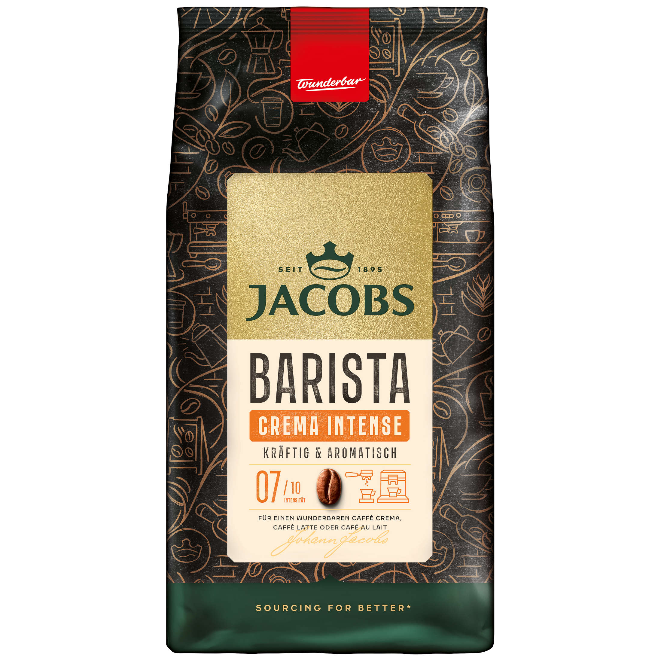 Kaffeepackung mit Text. Braune und weiße Verpackung mit Kaffeebohnen-Symbol.
