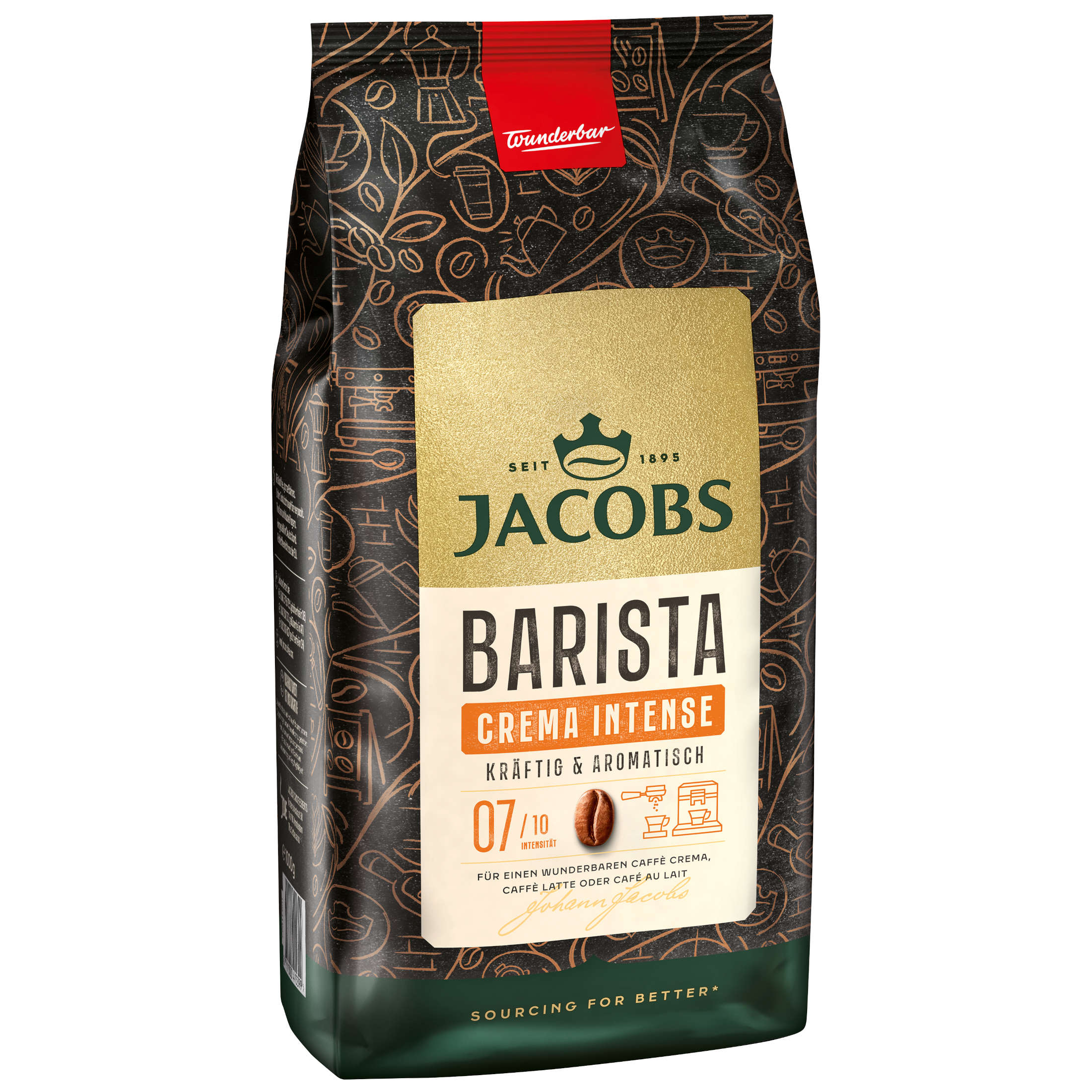 Kaffeepackung mit der Aufschrift 'JACOBS BARISTA CREMA INTENSE' und einer Kaffeebohnen-Illustration.
