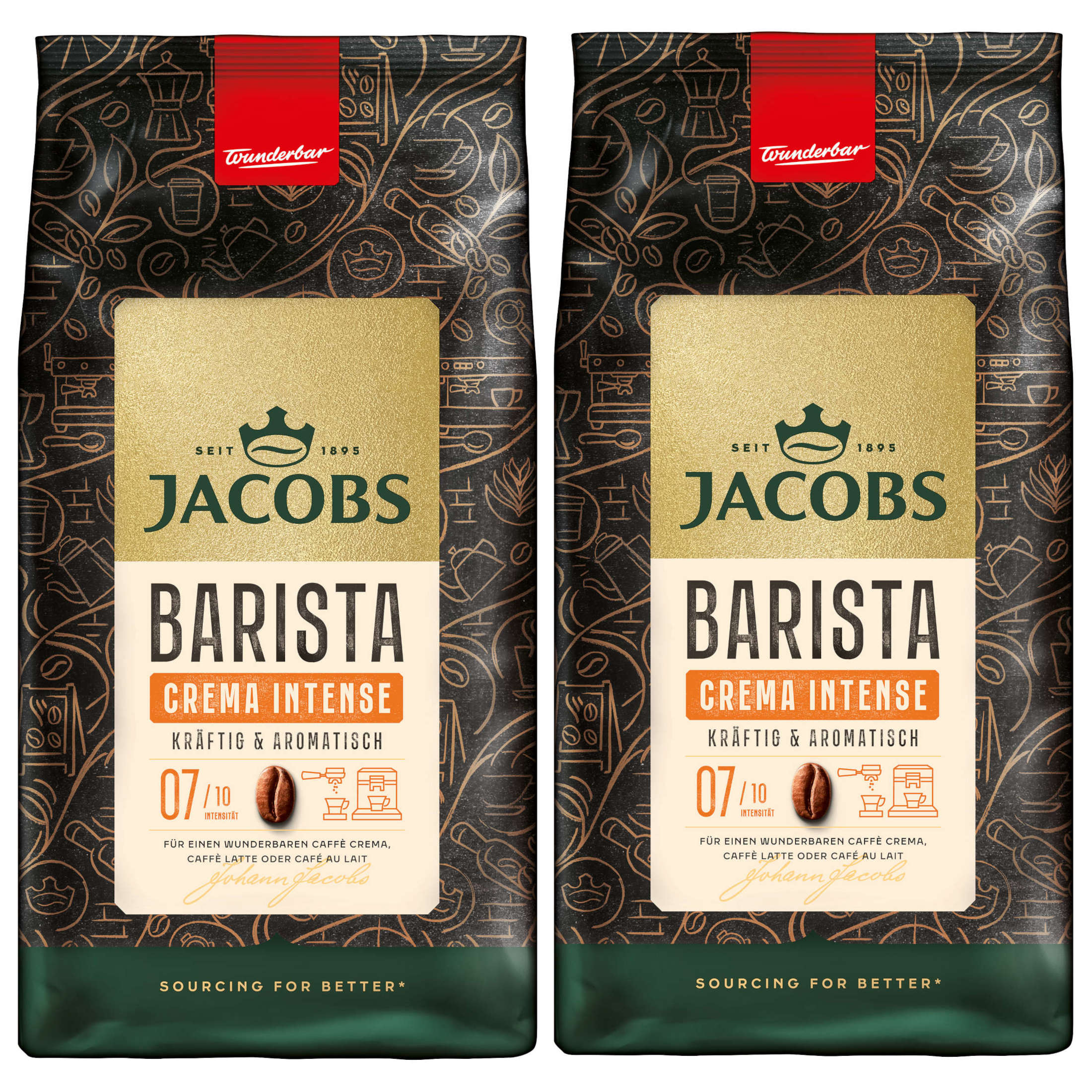 Zwei Jacobs Barista Kaffeepäckchen. Goldenes Etikett, schwarzer Hintergrund mit Kaffeebohnen-Illustrationen. Text 'Crema Intense'.