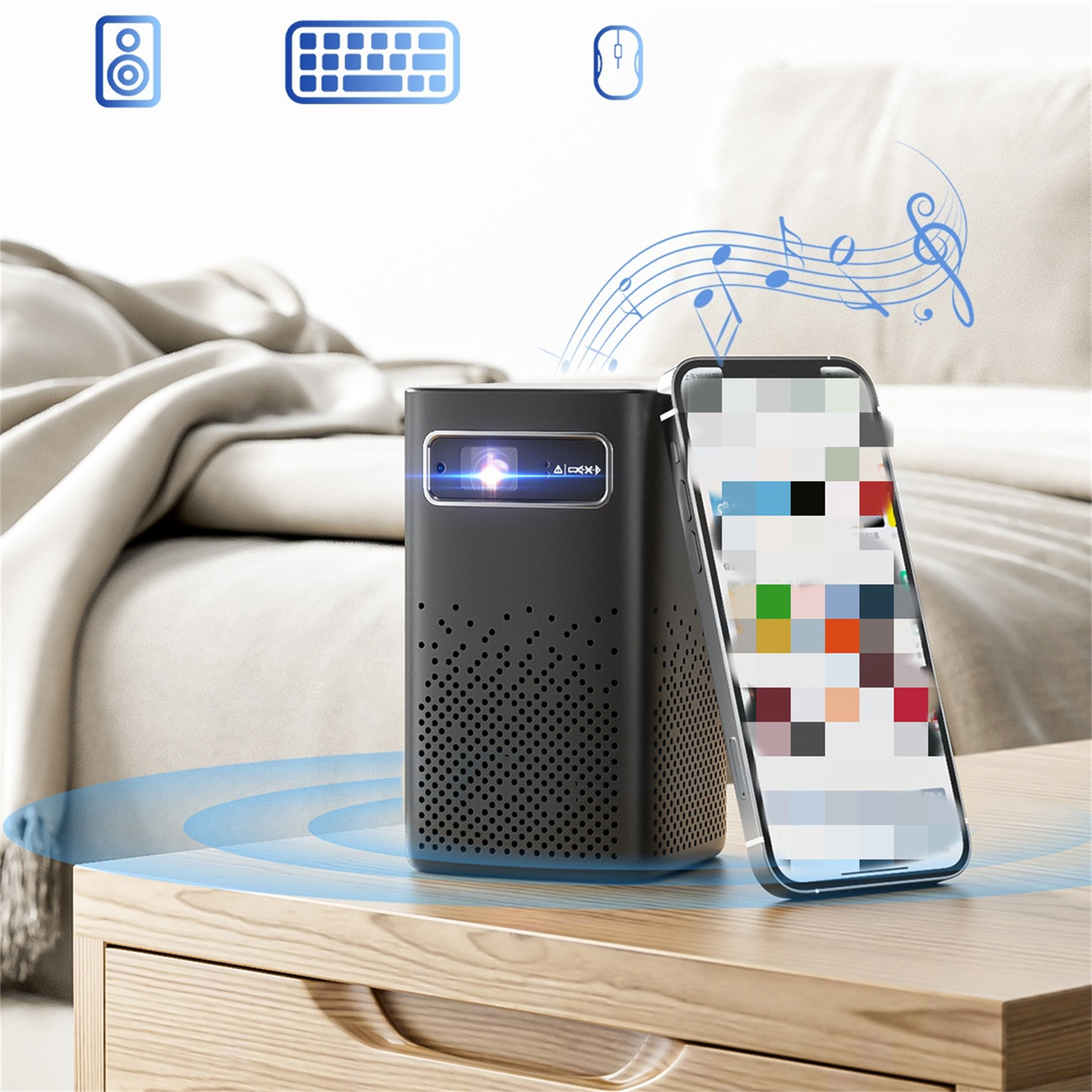 Schwarzer Projektor neben Smartphone auf Holzoberfläche. Blaue Schallwellen und Noten sind vorhanden.