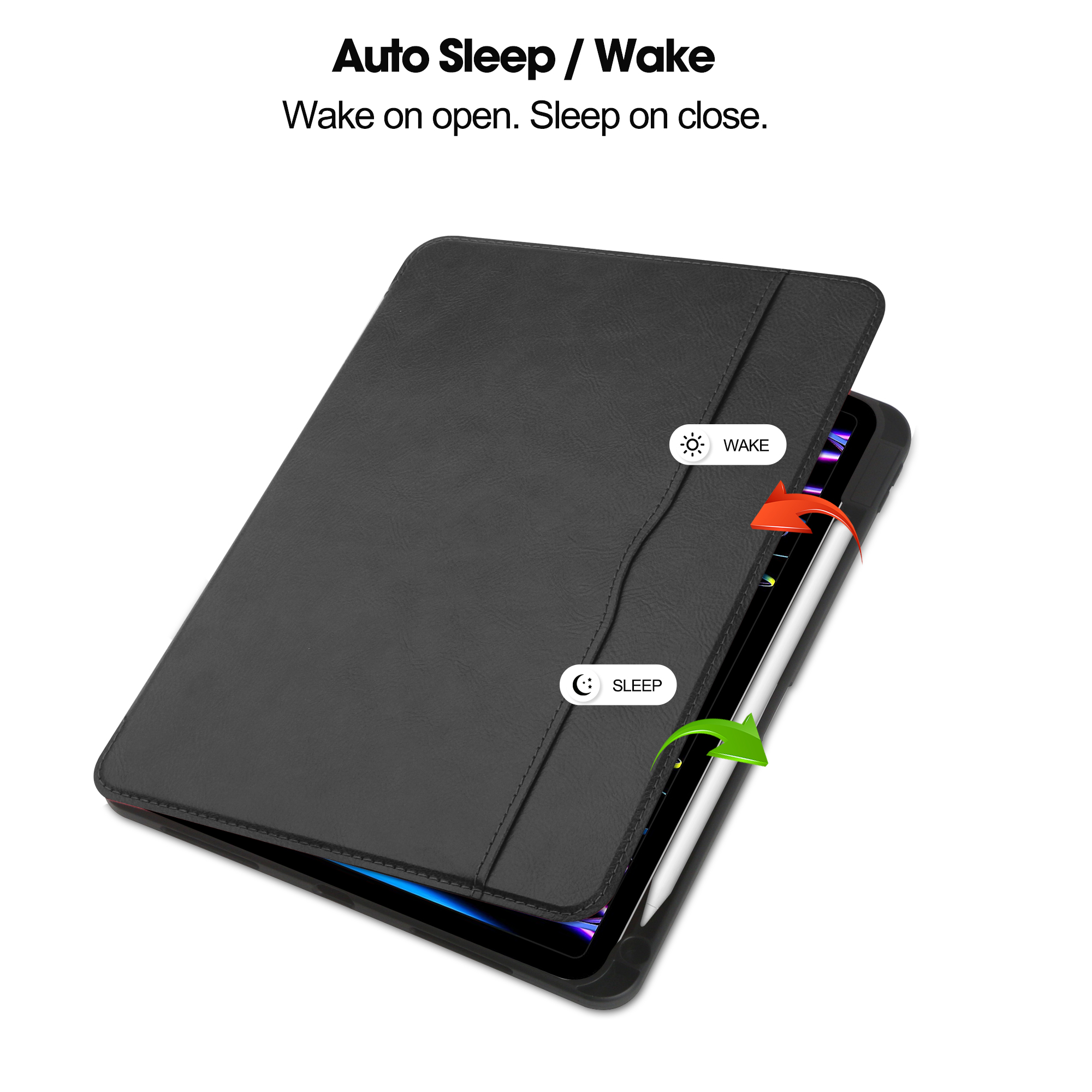 Schwarze Tablet-Hülle mit Stift. Funktionen: Automatisches Aufwachen/Schlafen. Öffnen zum Aufwachen, Schließen zum Schlafen.