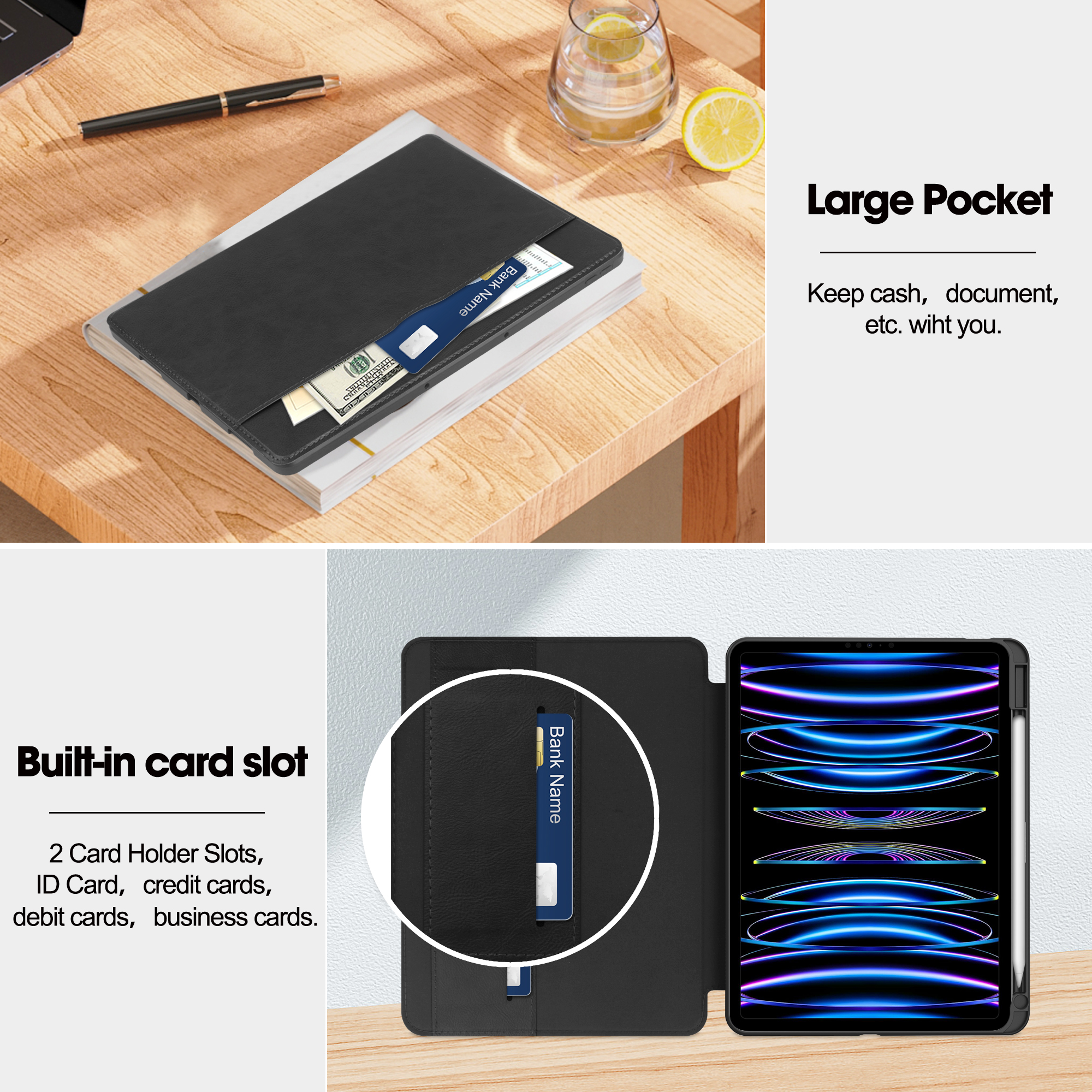 Eine schwarze Tablethülle mit Bargeld und einer Bankkarte, auf einem Holztisch.
