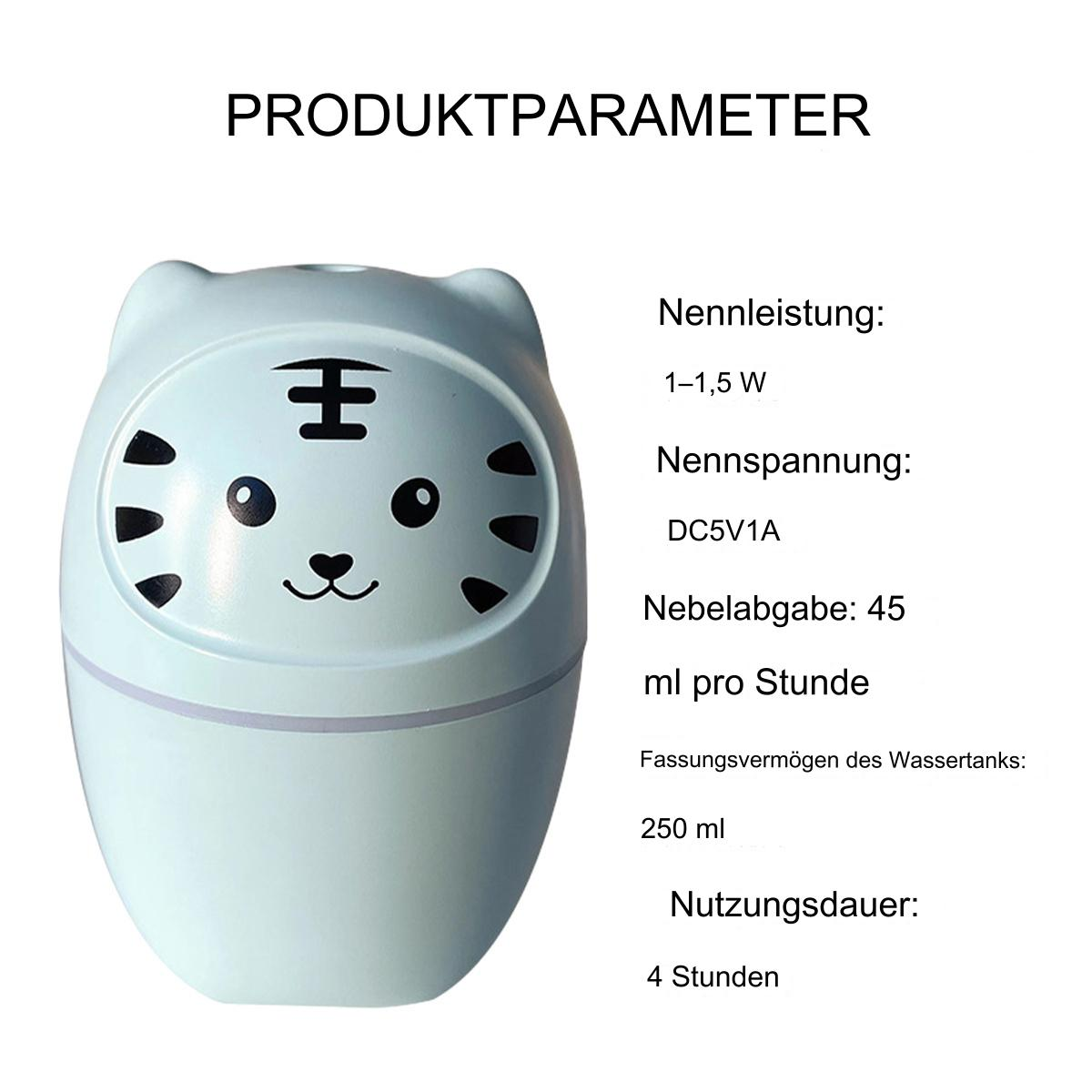 Hellblauer Luftbefeuchter mit Tigergesicht-Design und Produktspezifikationen auf Deutsch.