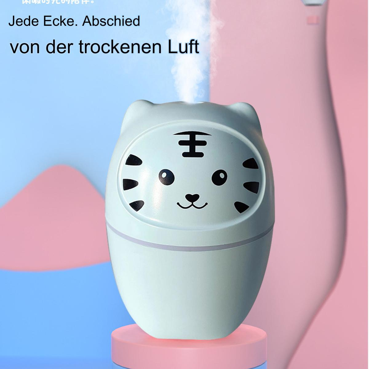 Ein weißer und blauer Luftbefeuchter in Form eines Zeichentigers. Dampf wird abgegeben.
