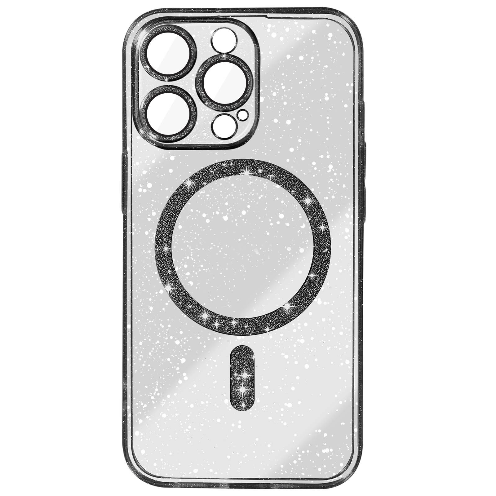 Custodia per telefono con glitter e cerchio di glitter. La custodia è argentata.