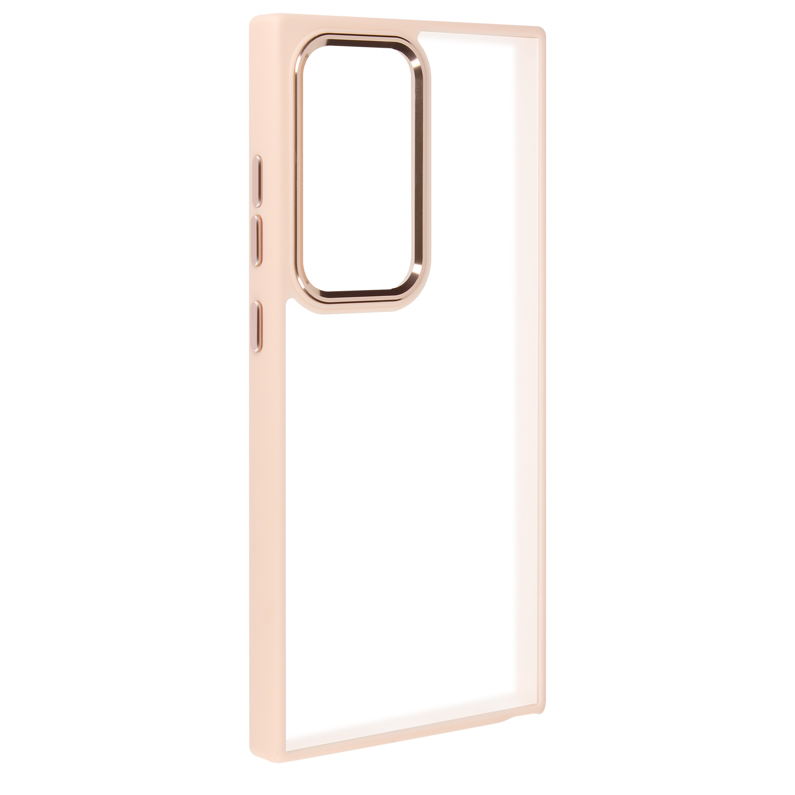 Una custodia per telefono oro rosa con retro trasparente. Tasti laterali e ritaglio della fotocamera visibili.