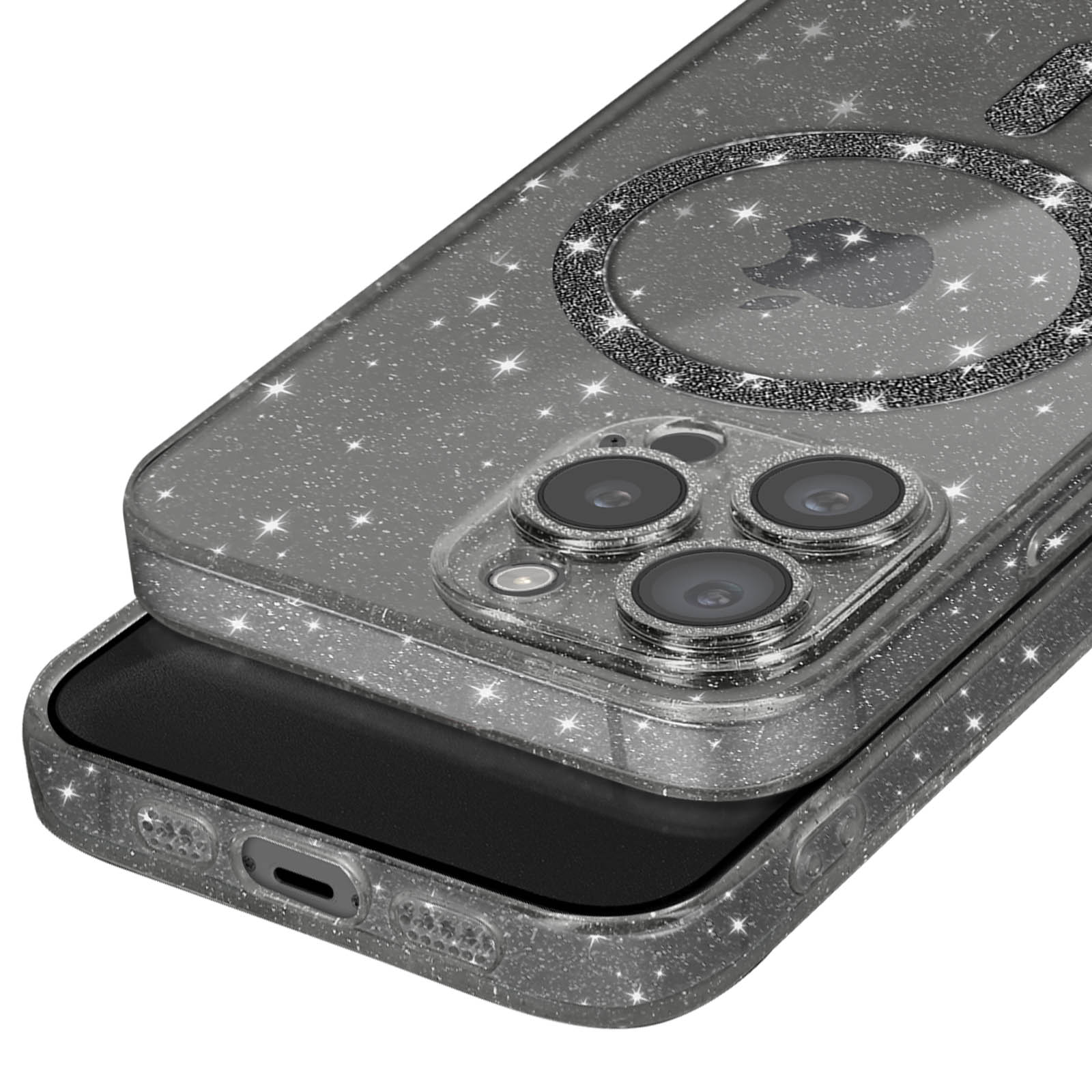 Primo piano di una custodia per telefono scintillante con sporgenza della fotocamera e telefono nero all'interno.