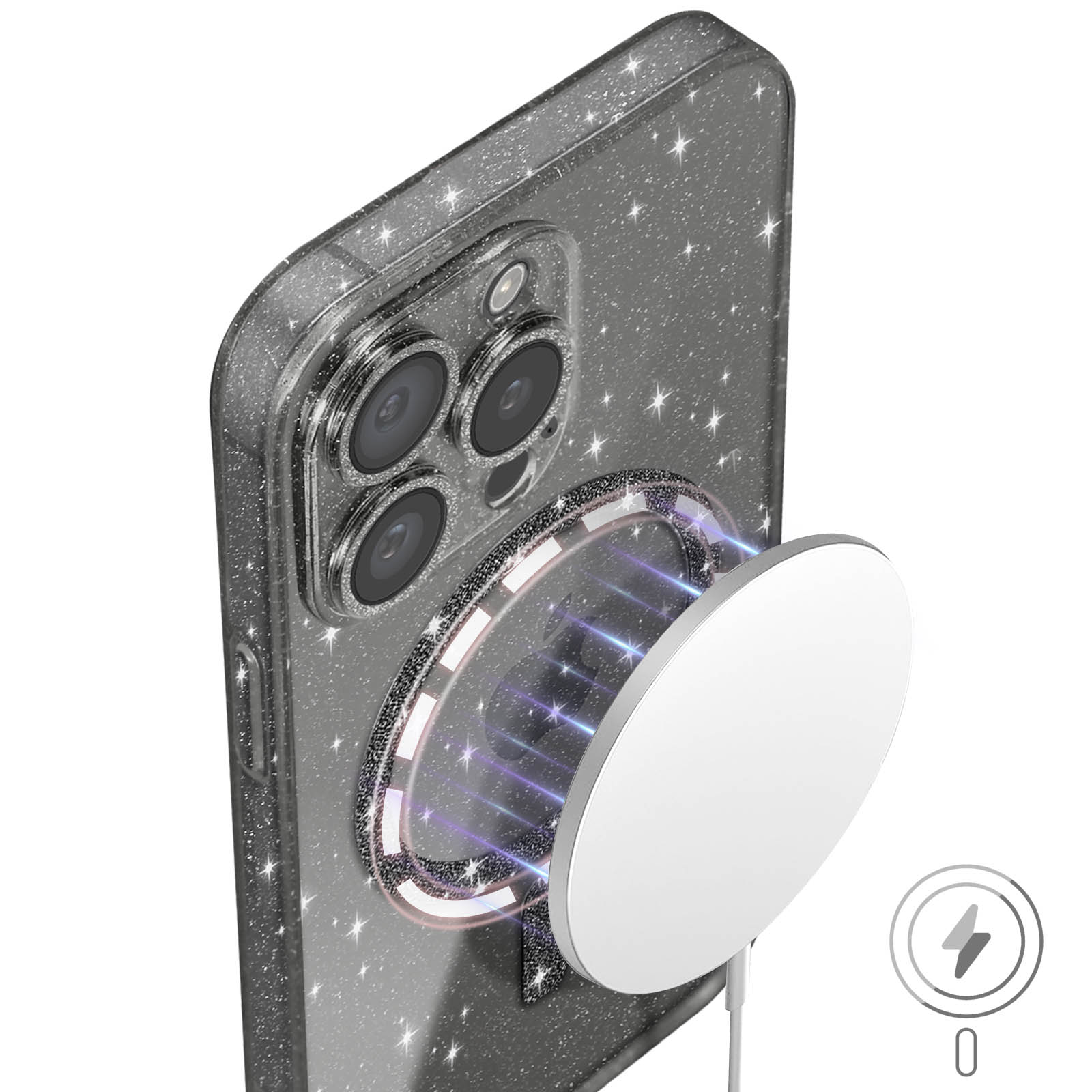 Una custodia per telefono con un attacco magnetico sul retro e un disco di ricarica.